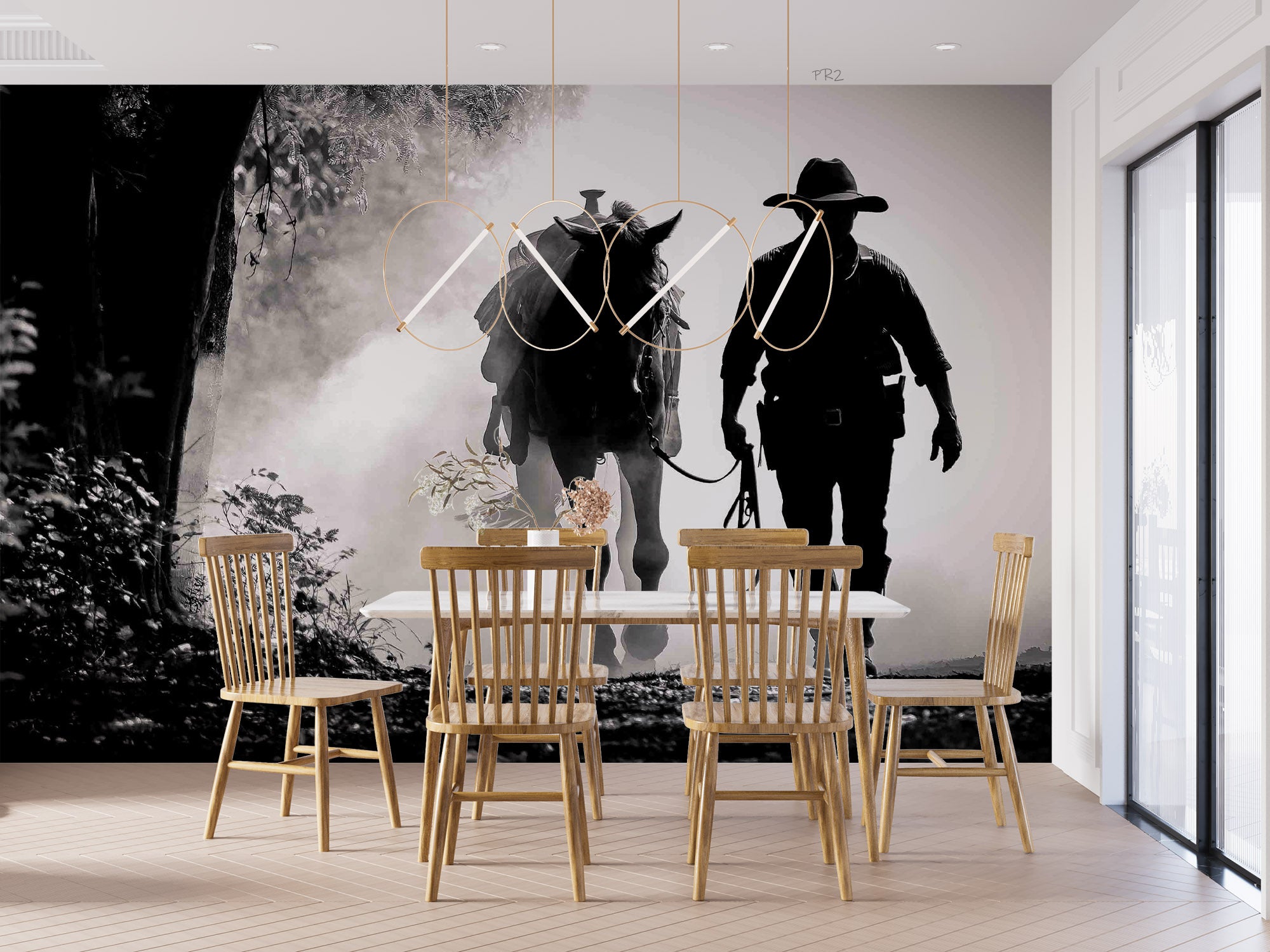 Early Morning Misty Horse Cowboy Sports Wallpaper sports & entertainment wall mural for games room or entertainment space - v