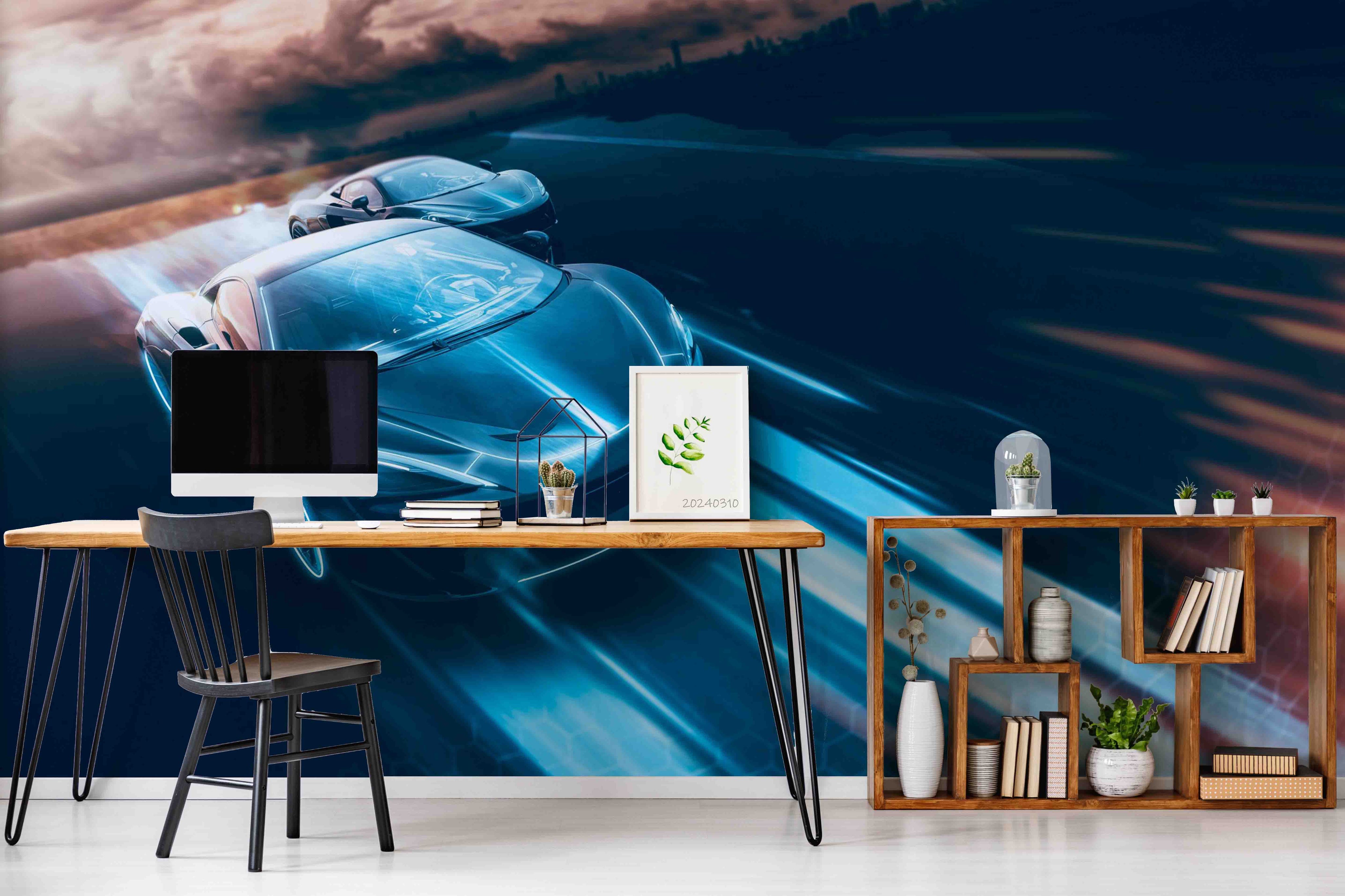 3D Blue Sports Car Wallpaper Wall Mural Wall Decor Wall Art Wall Sticker Remoable Wallpaper
