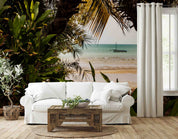 3D Tropical Beach Sea Waves Boat Coconut Trees Wall Mural Wallpaper GD 3179- Jess Art Decoration