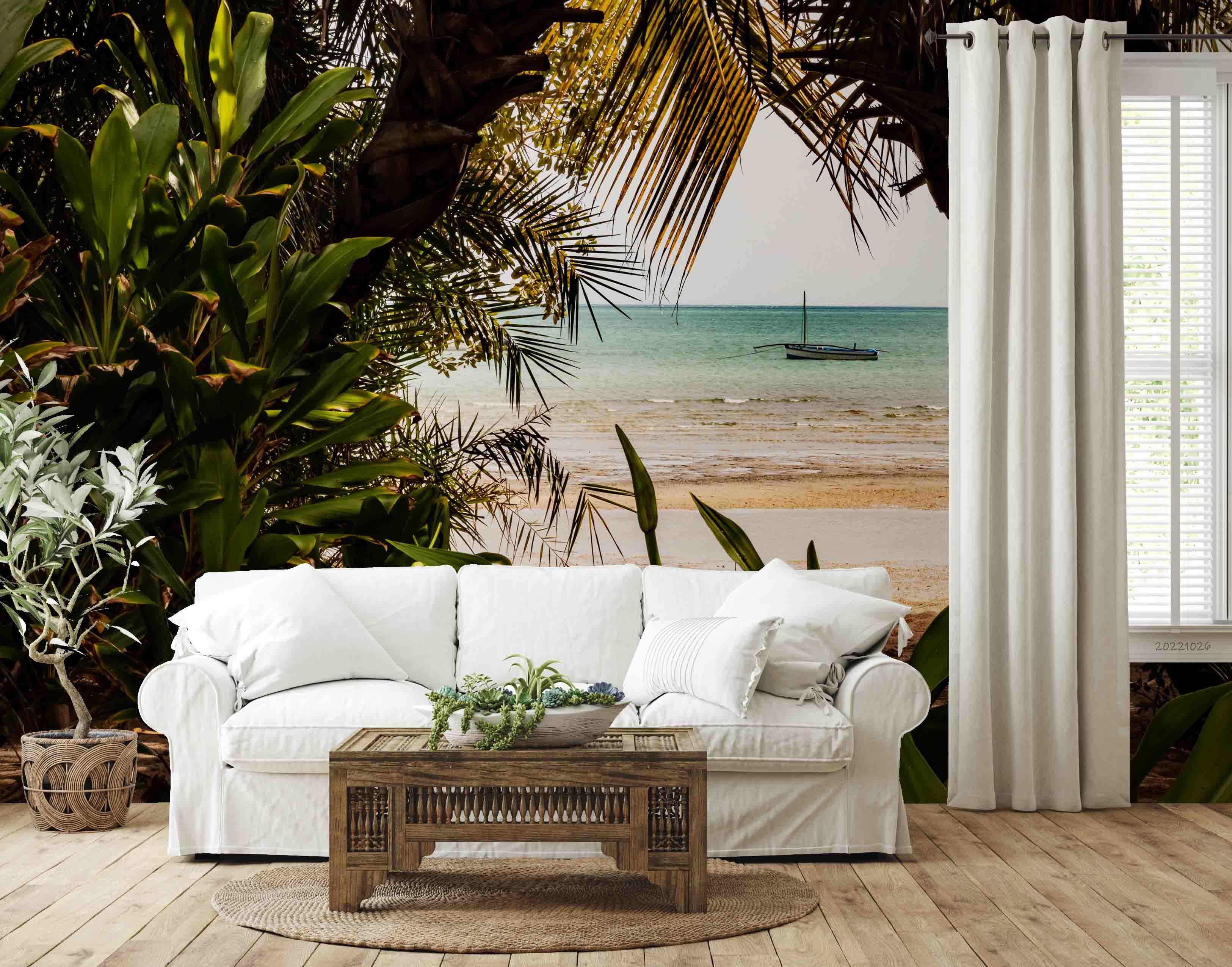 3D Tropical Beach Sea Waves Boat Coconut Trees Wall Mural Wallpaper GD 3179- Jess Art Decoration
