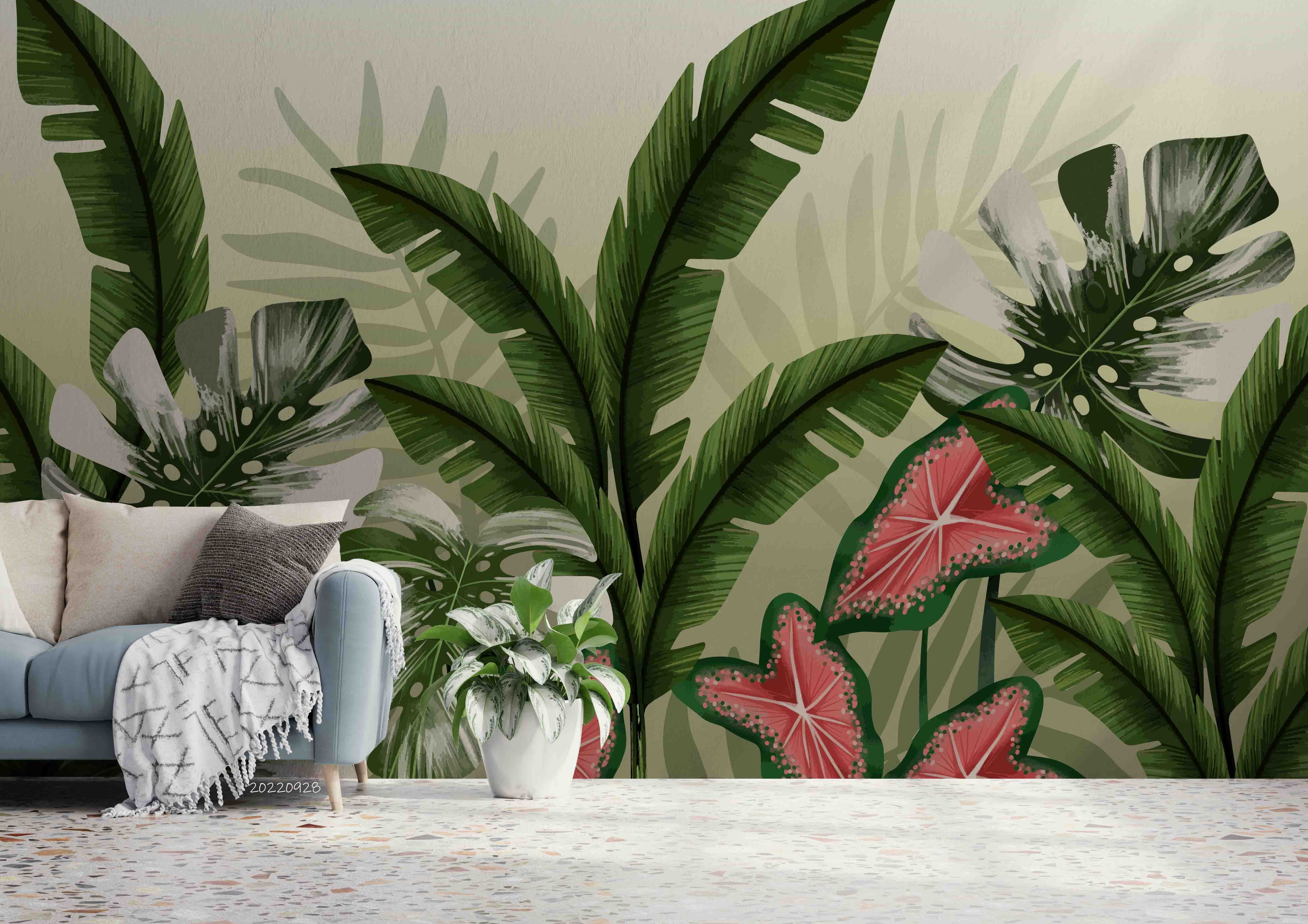 3D Tropical Green Leaves Background Wall Mural Wallpaper GD 3325- Jess Art Decoration