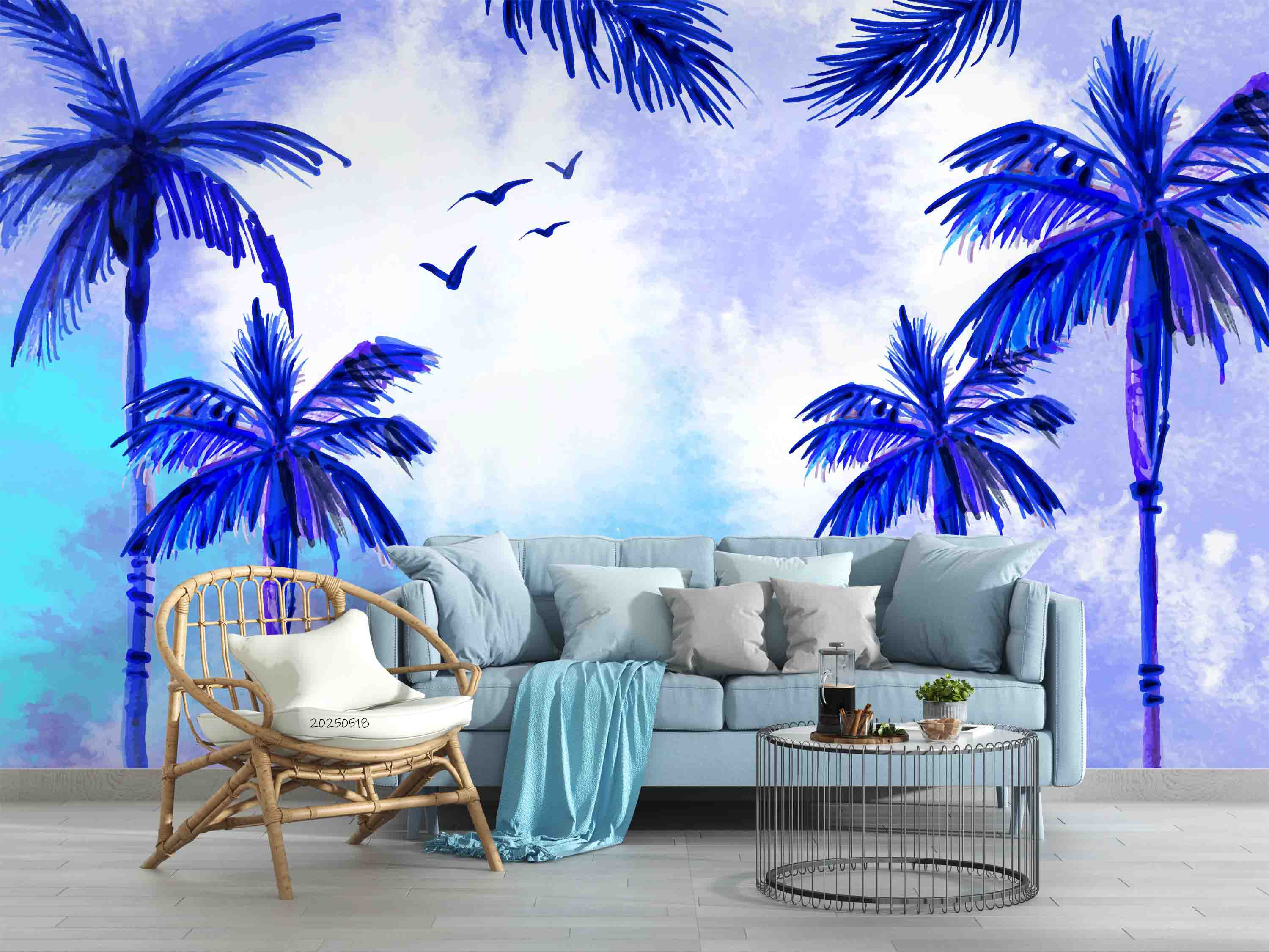 3D Watercolor Blue Coconut Tree Landscape Oil Painting Wallpaper Wall Mural Wall Decor Wall Art Wall Sticker Remoable Wallpaper