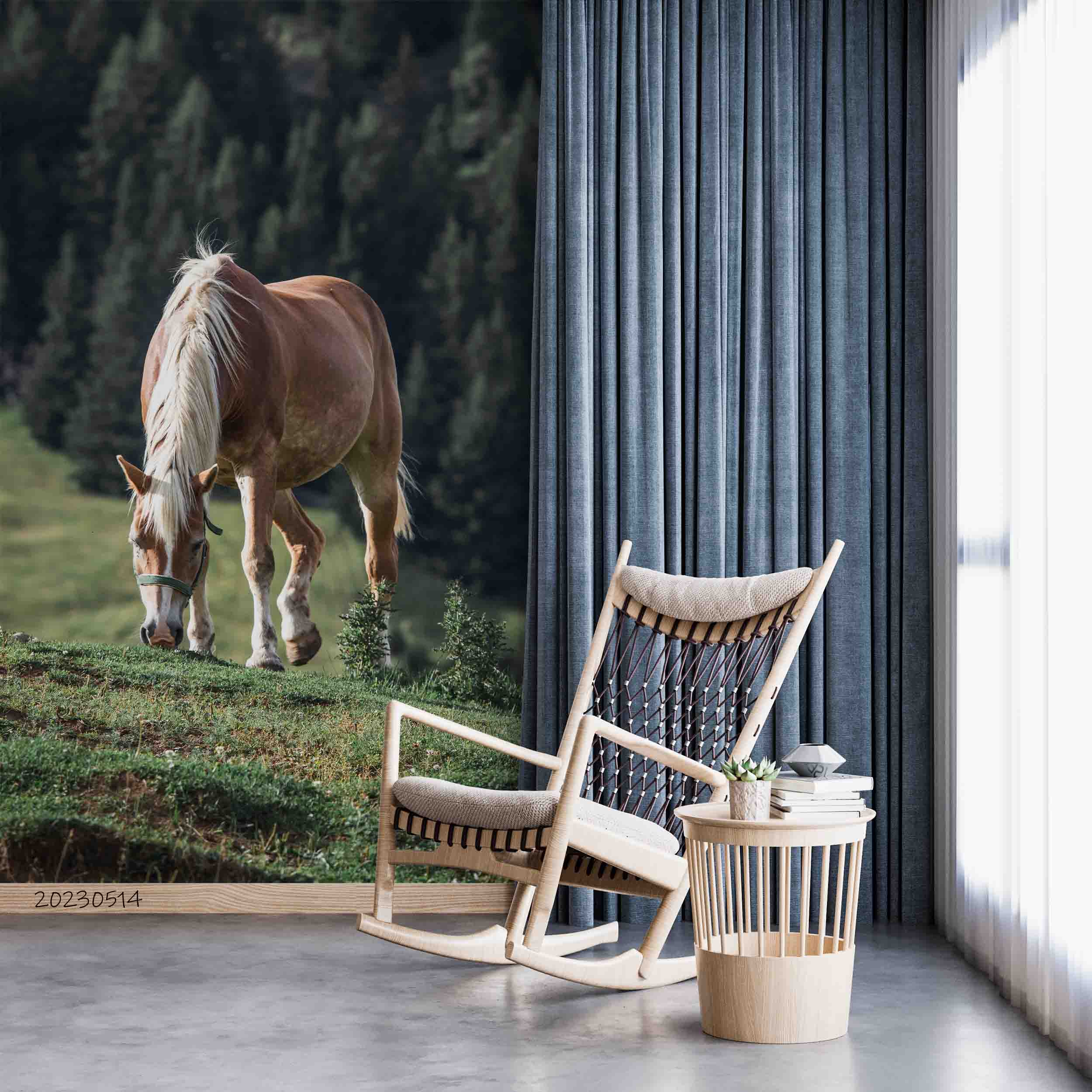 3D Brown Horse White Mane Grazing Mountain Pine Background Wall Mural Wallpaper GD 5359- Jess Art Decoration