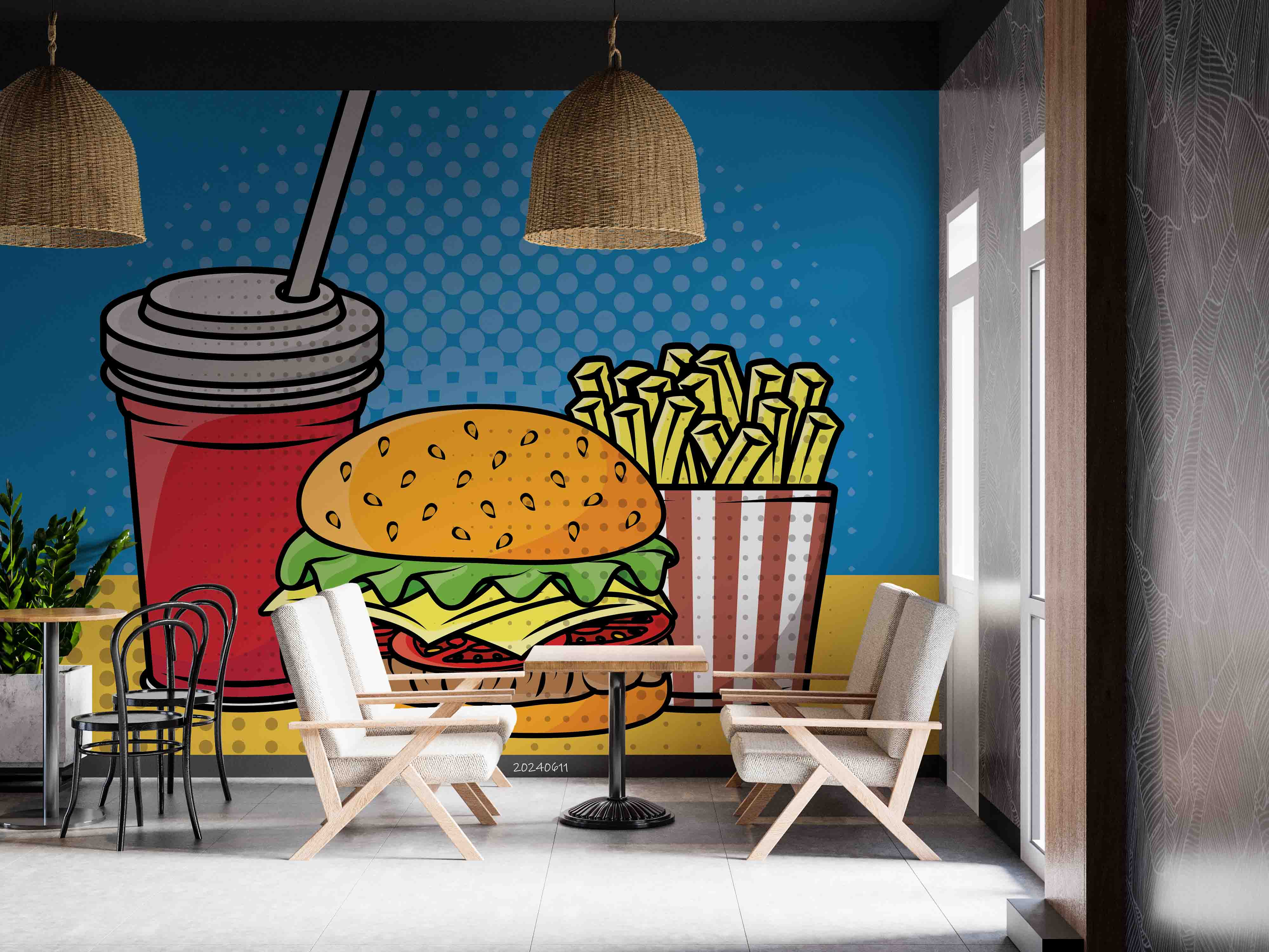 3D Hamburger Chips Drinks Blue Wall Mural Wallpaper YXL 278