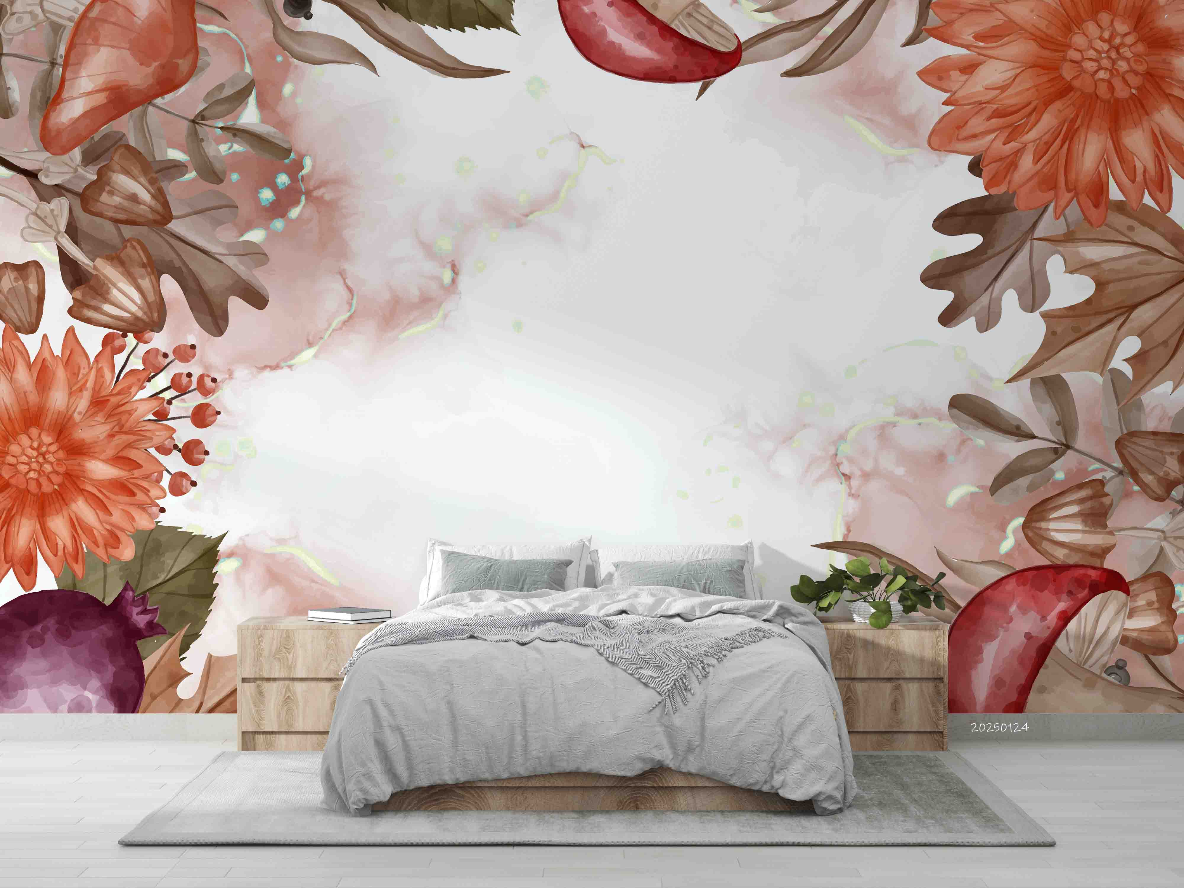 3D Watercolor Fall Leaf Mushroom Floral Wallpaper Wall Mural Wall Decor Wall Art Wall Sticker Remoable Wallpaper LQH 30