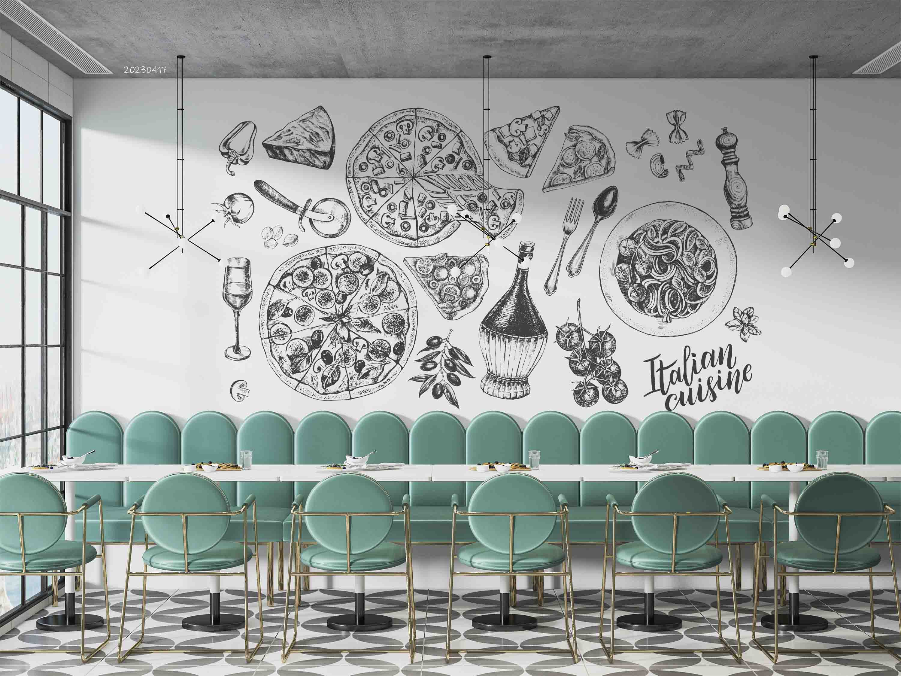 3D Pizza Chianti Mozzarella Pasta Parmesan Ink Wall Mural Wallpaper GD 5541- Jess Art Decoration