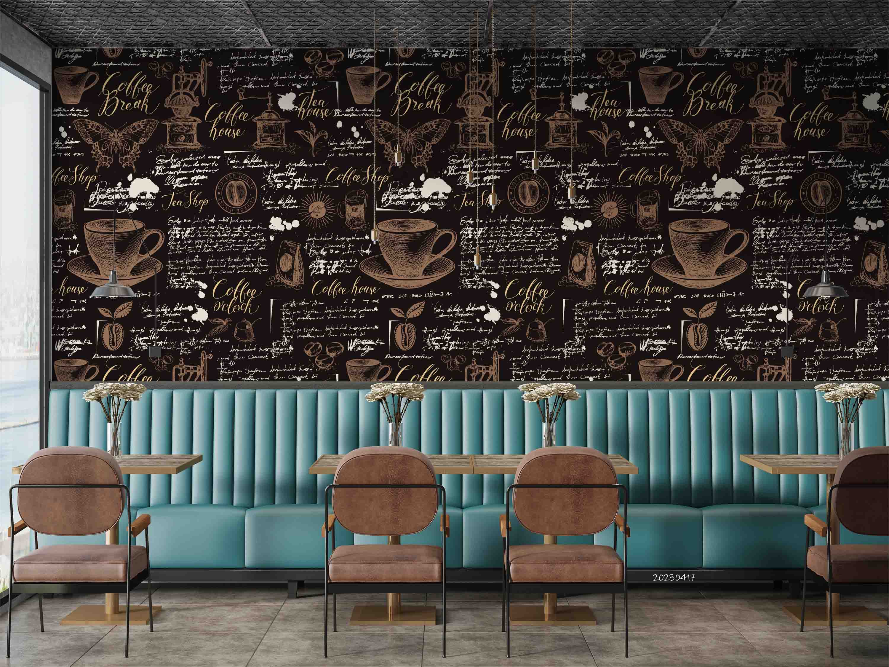 3D Vintage Style Tea Coffee Theme Brown Background Wall Mural Wallpaper GD 5524- Jess Art Decoration