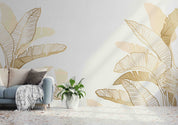 3D Hand Drawn Linear Engraving Tropical Golden Leaves Wall Mural Wallpaper GD 3368- Jess Art Decoration