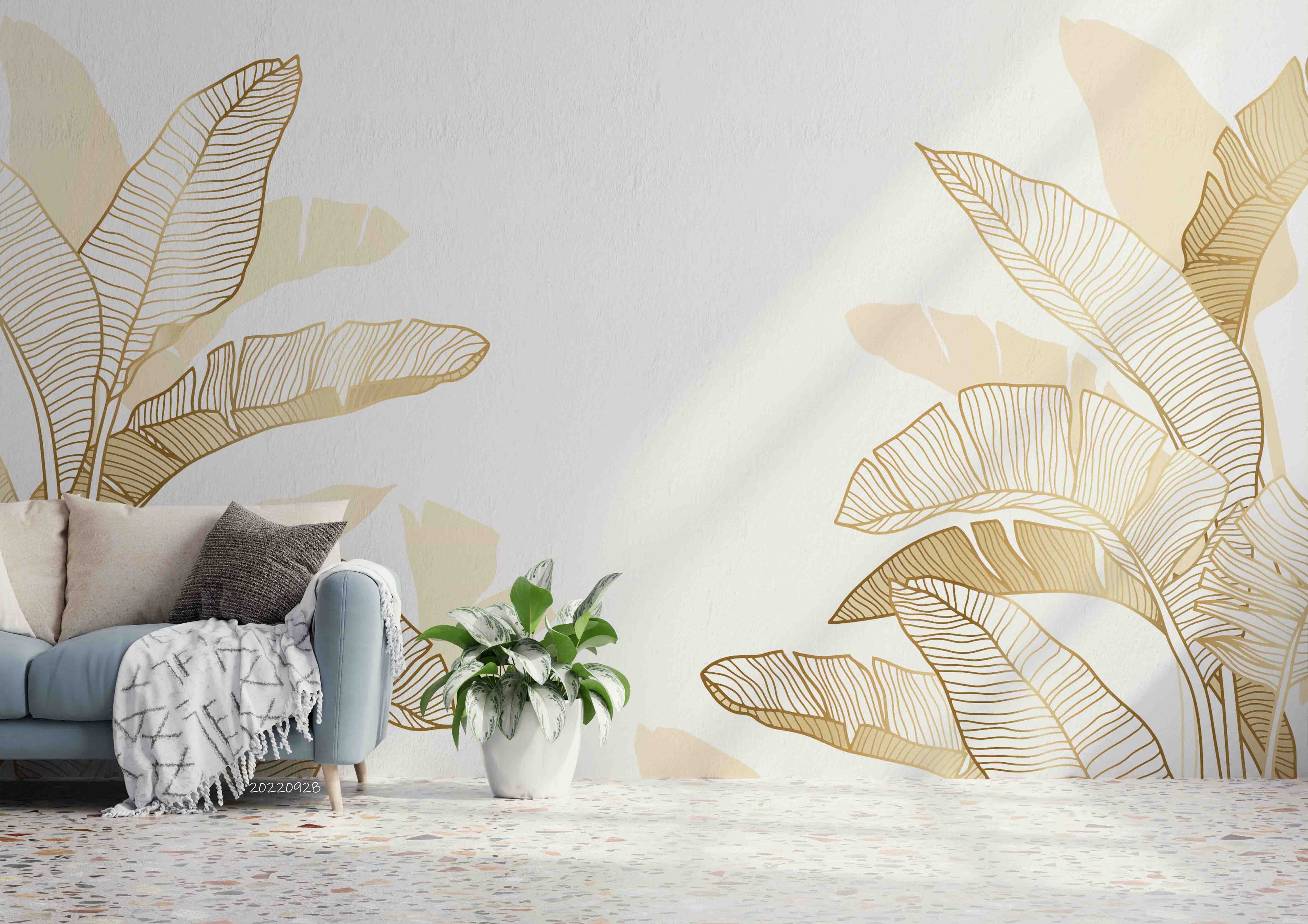 3D Hand Drawn Linear Engraving Tropical Golden Leaves Wall Mural Wallpaper GD 3368- Jess Art Decoration