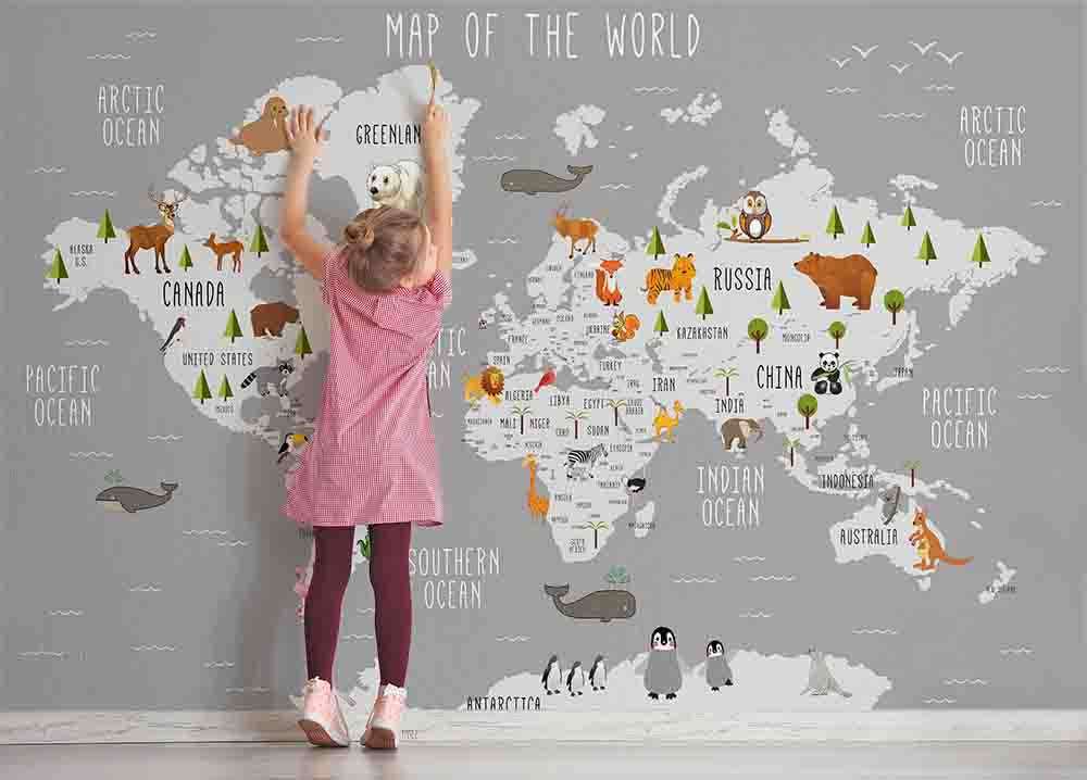 3D Cartoon Animal World Map Wall Mural Wallpaper GD 3687- Jess Art Decoration
