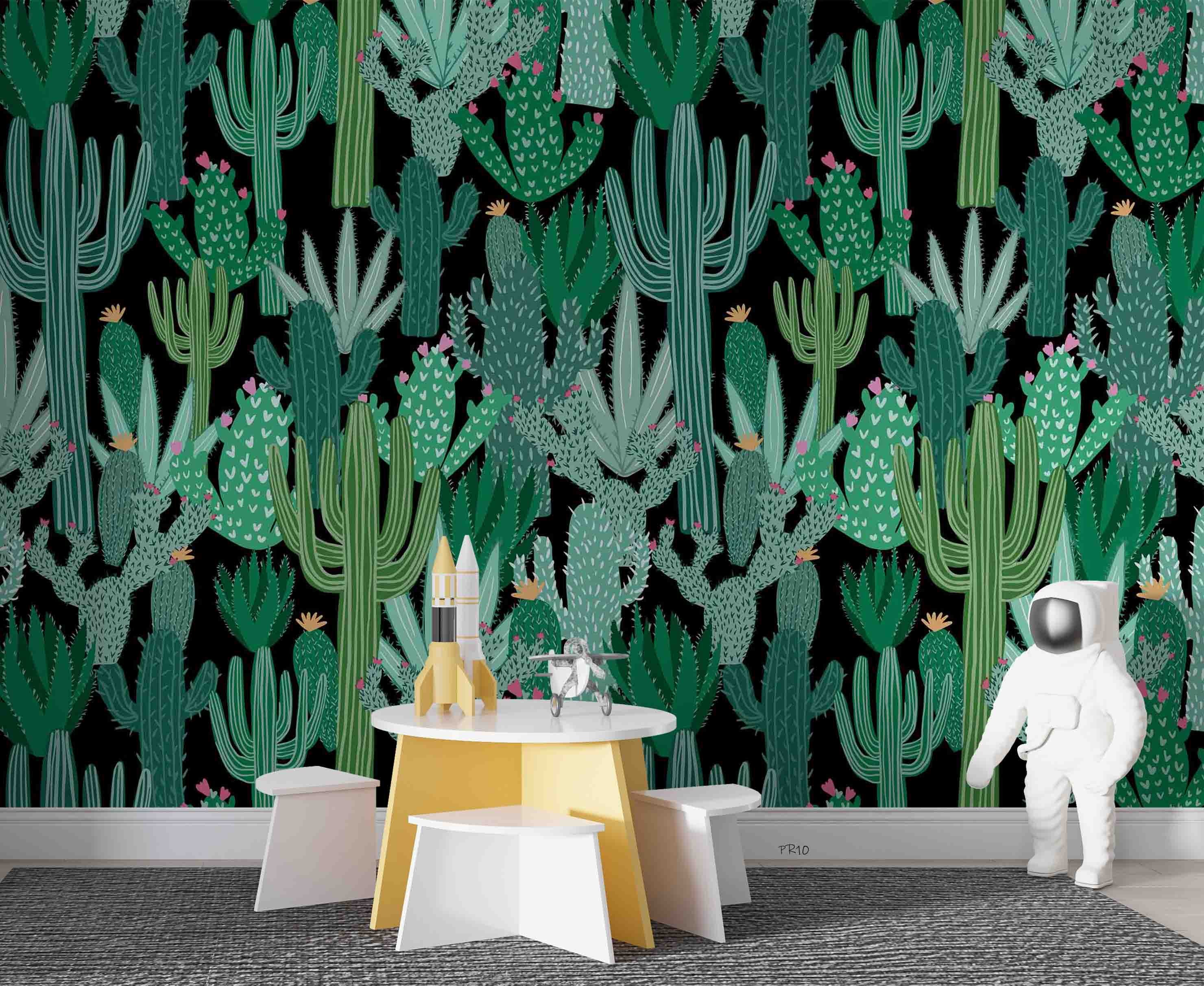 3D Watercolor Cactus Floral Black Background Wall Mural Wallpaper GD 4781- Jess Art Decoration