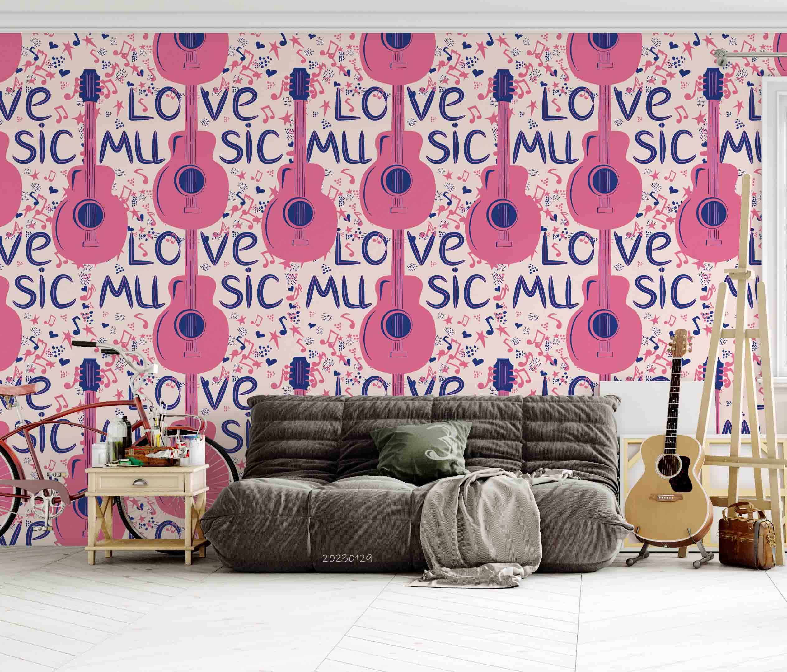3D Pattern Guitar Pink Letter Note Wall Mural Wallpaper YXL 07- Jess Art Decoration