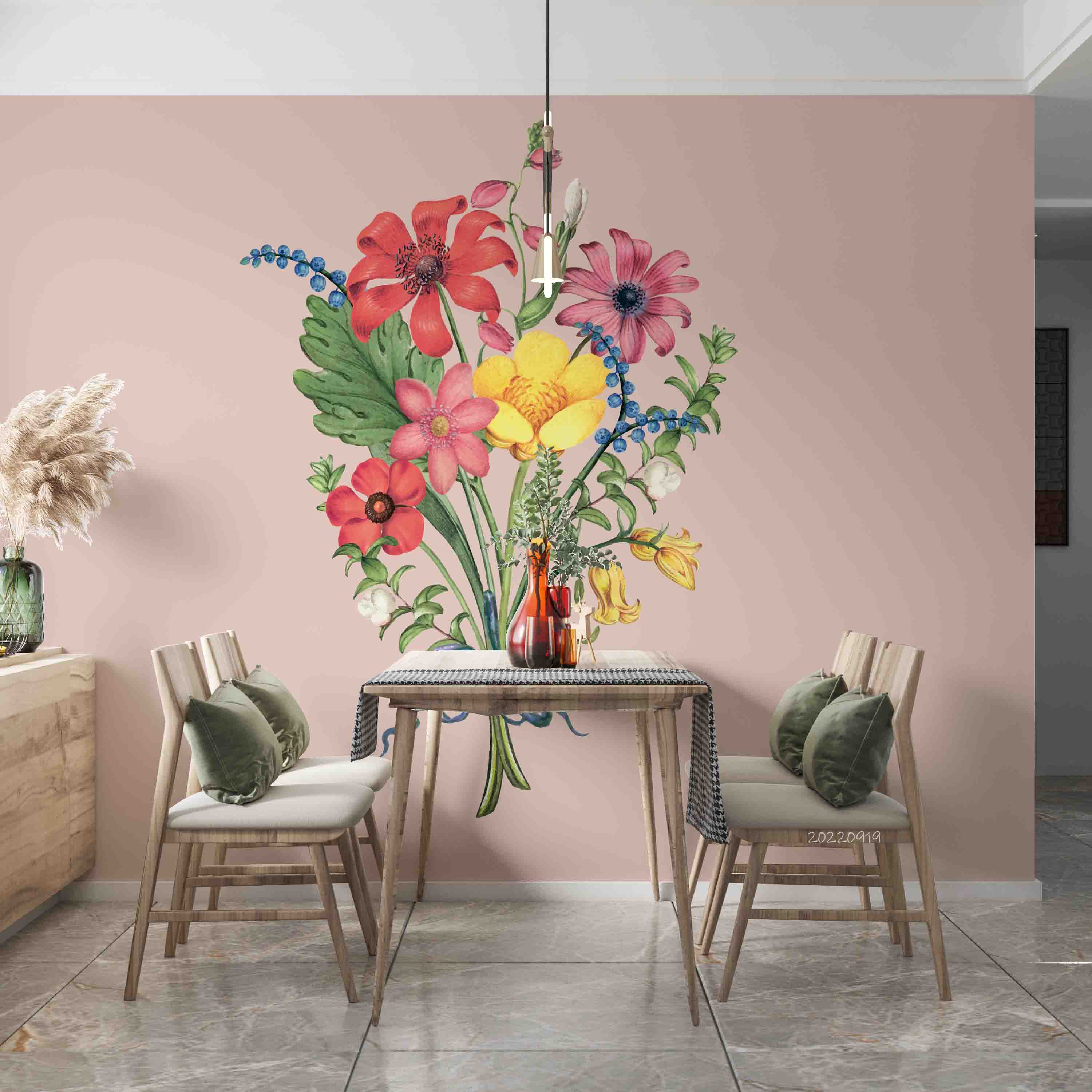 3D Red Daisy Bouquet Pink Background Wall Mural Wallpaper GD 3431- Jess Art Decoration