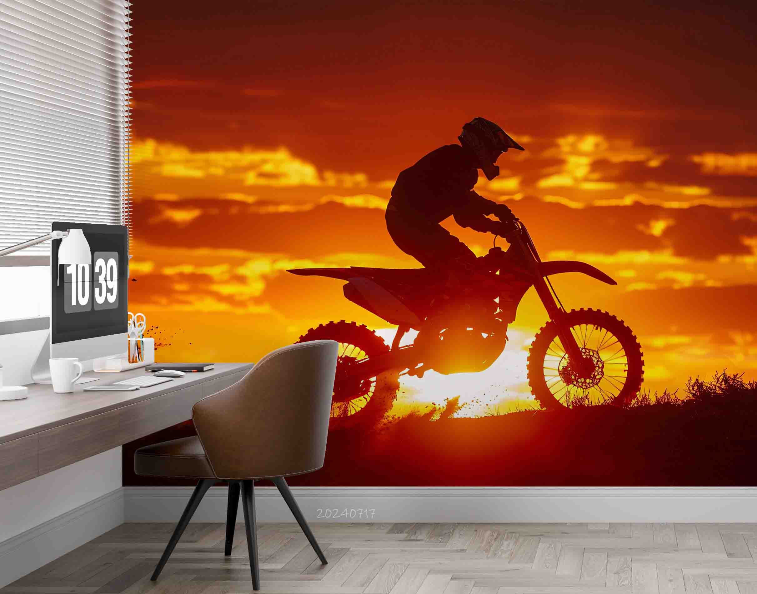 3D Tree Mountain Sunlight Sky Cloud Person Motorbike Wall Mural Wallpaper YXL 62