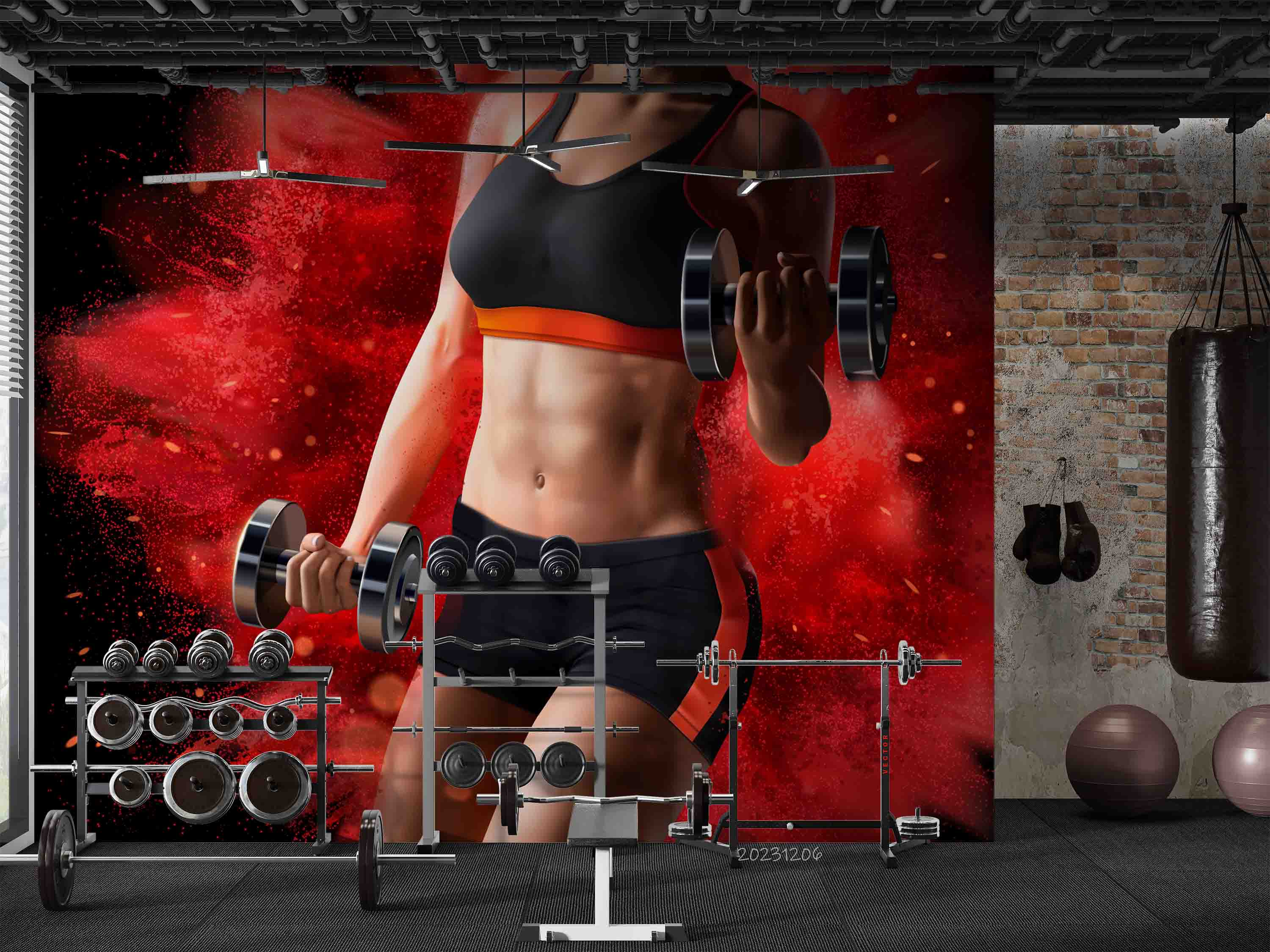 3D Woman Kettle-Bell Abdominal Muscle Wall Mural Wallpaper YXL 102