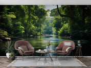 3D Forest Tree Leaf Stone Sea Green Wall Mural Wallpaper YXL 697