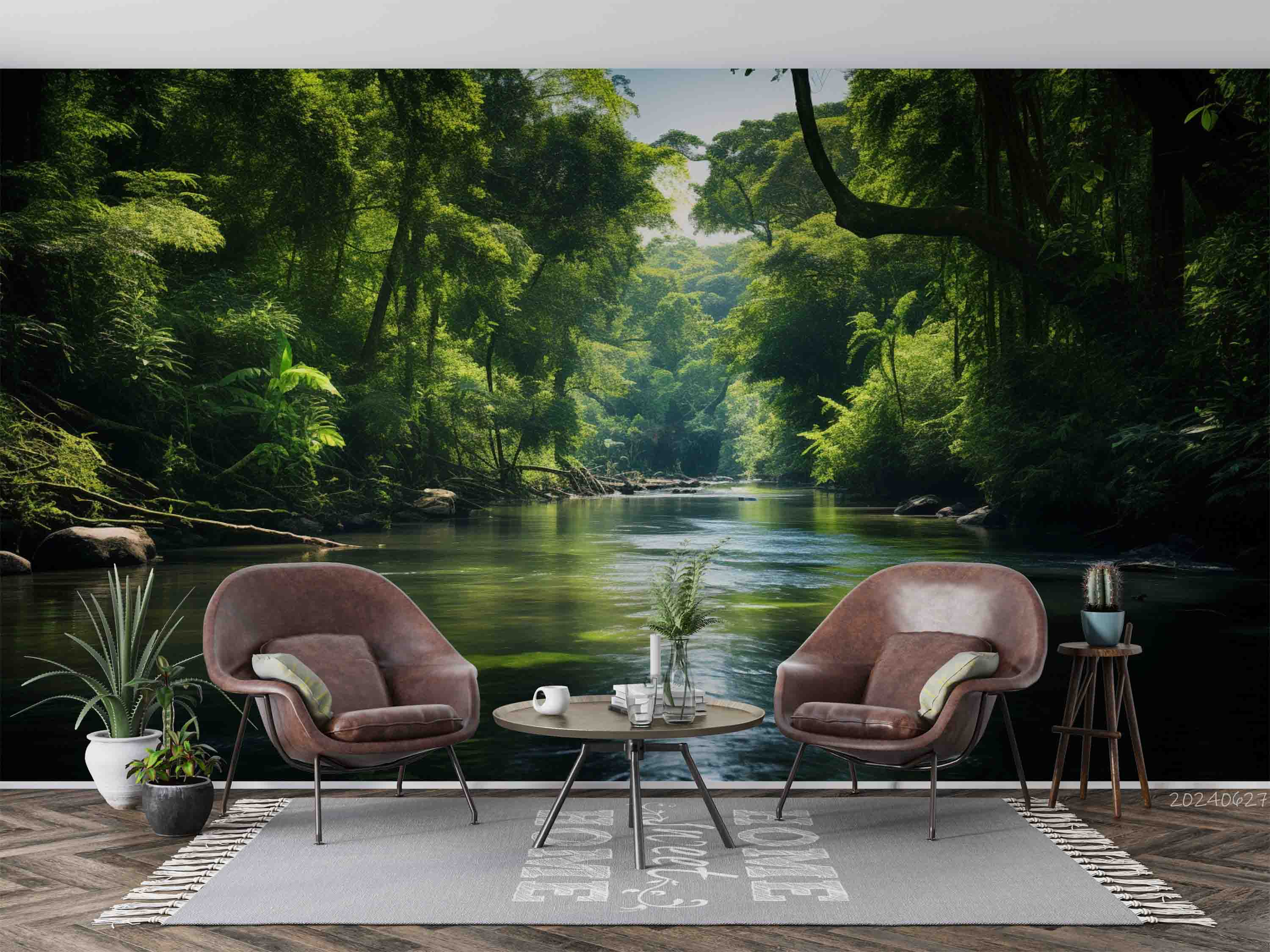 3D Forest Tree Leaf Stone Sea Green Wall Mural Wallpaper YXL 697