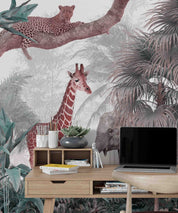 3D Animal Tree Elephant Giraffe Cheetah Wall Mural Wallpaper YXL 2545