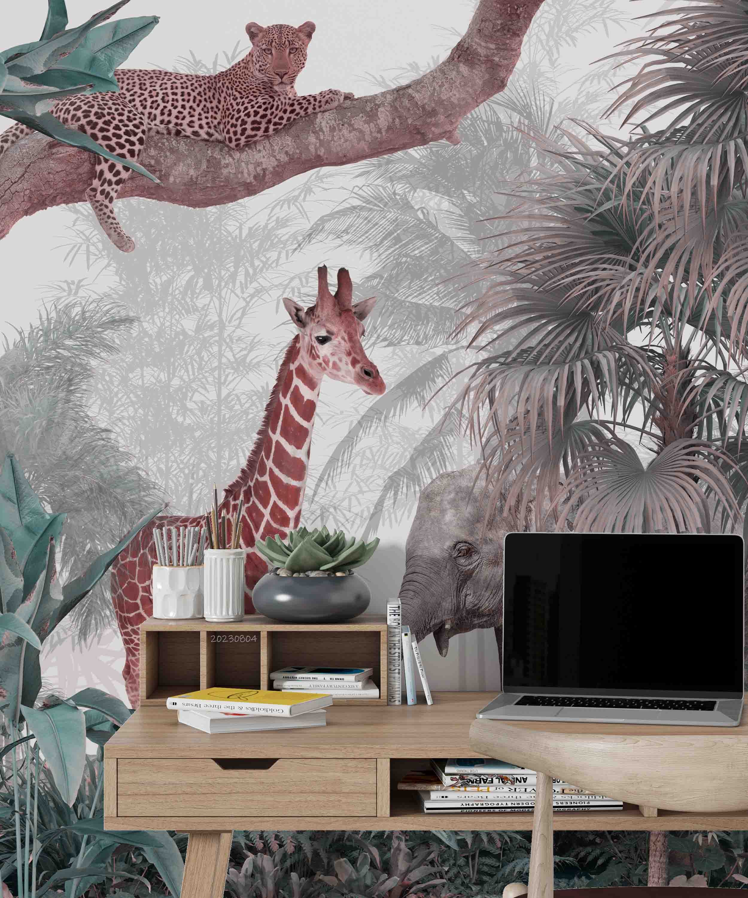3D Animal Tree Elephant Giraffe Cheetah Wall Mural Wallpaper YXL 2545
