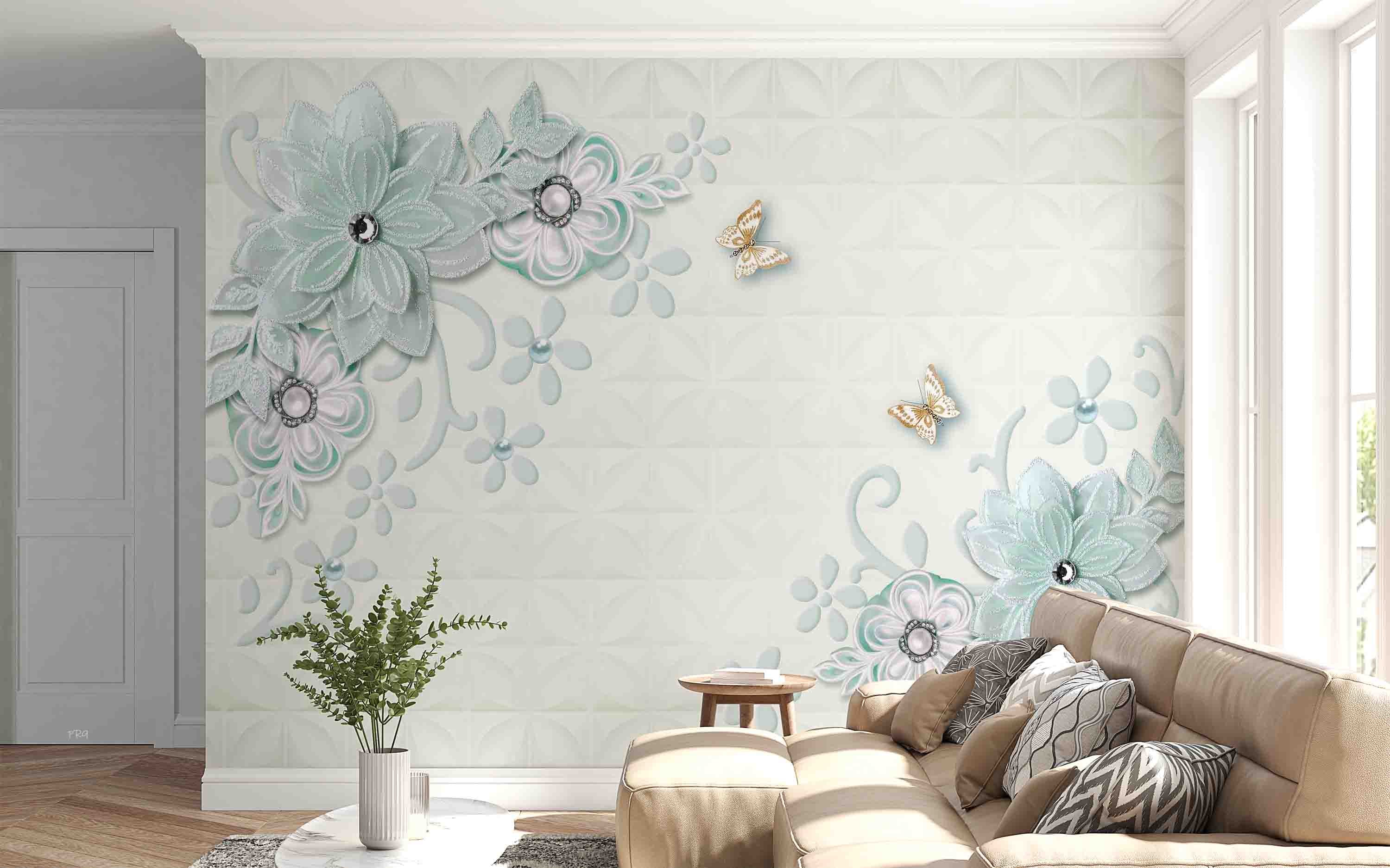3D Jewelry Floral Butterfly Tile Background Wall Mural Wallpaper GD 4663- Jess Art Decoration
