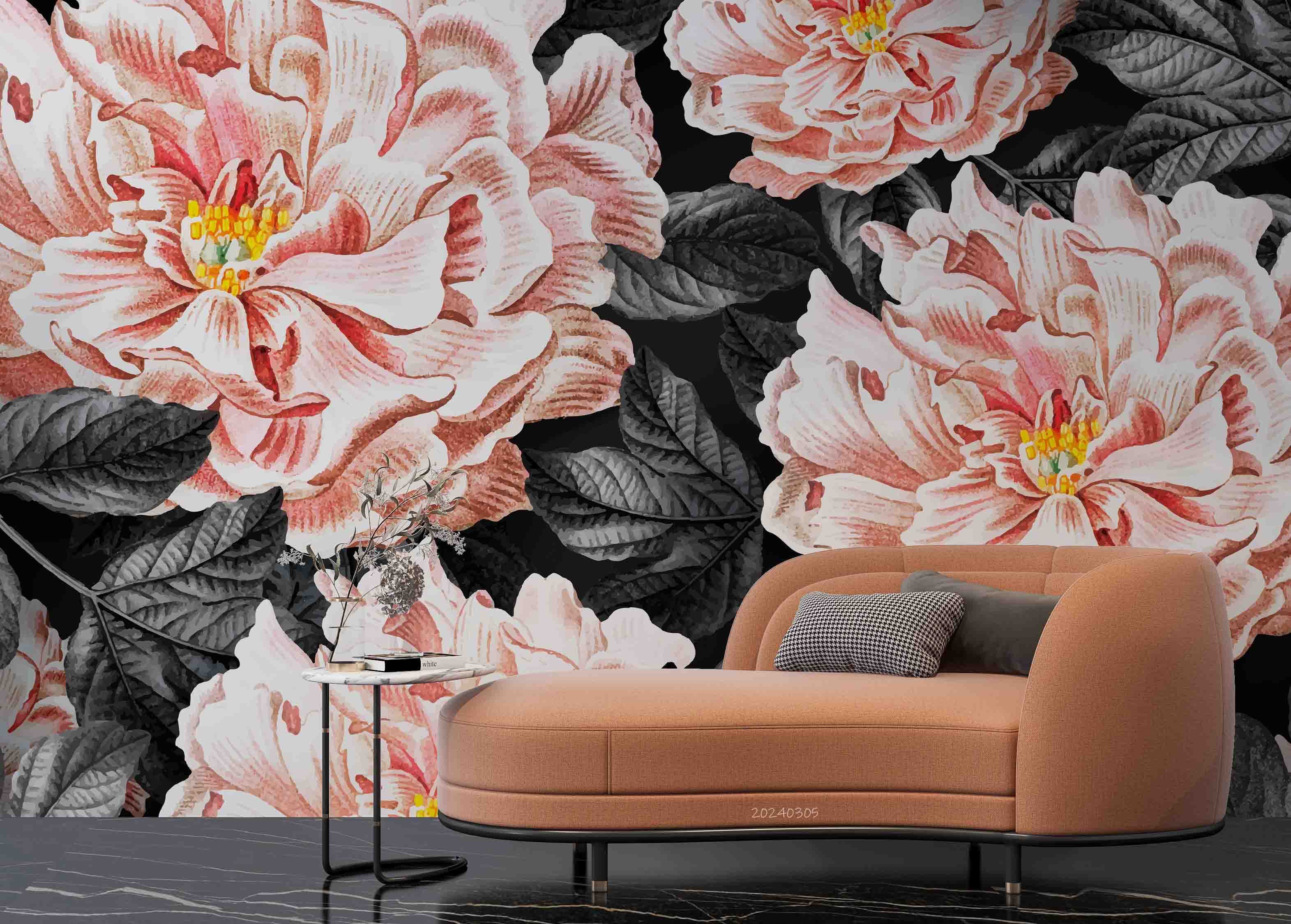 3D Pink Floral Bouquet Dark Background Wallpaper Wall Mural Wall Decor Wall Art Wall Sticker Remoable Wallpaper