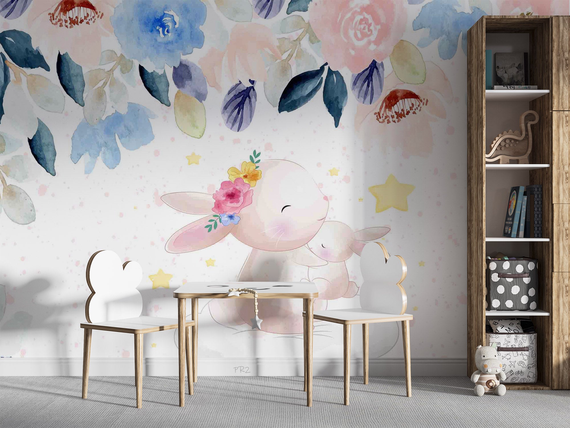 3D Cartoon Watercolor Animal Rabbit Floral Leaf Kids Wall Mural Wallpaper GD 3772- Jess Art Decoration