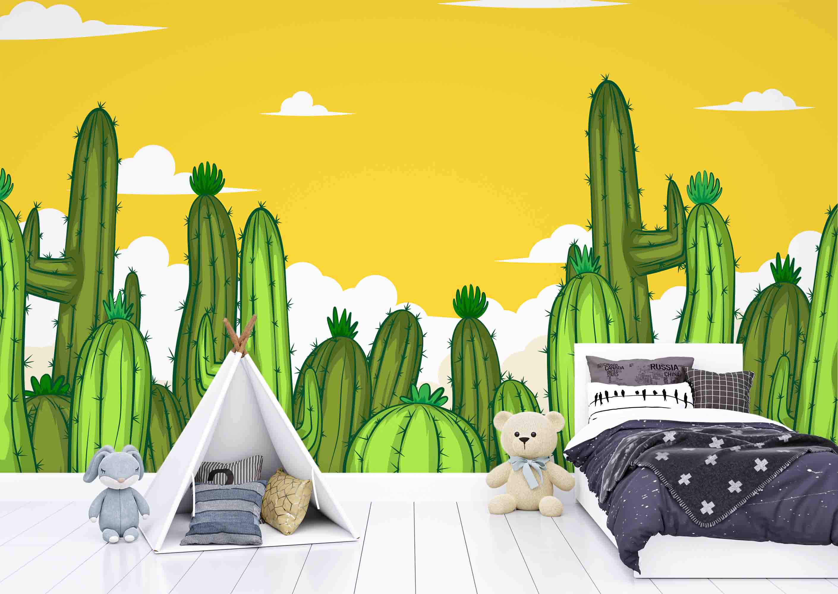 3D Yellow Cactus Sky playful desert cactus illustration wall mural wallpaper for kids room