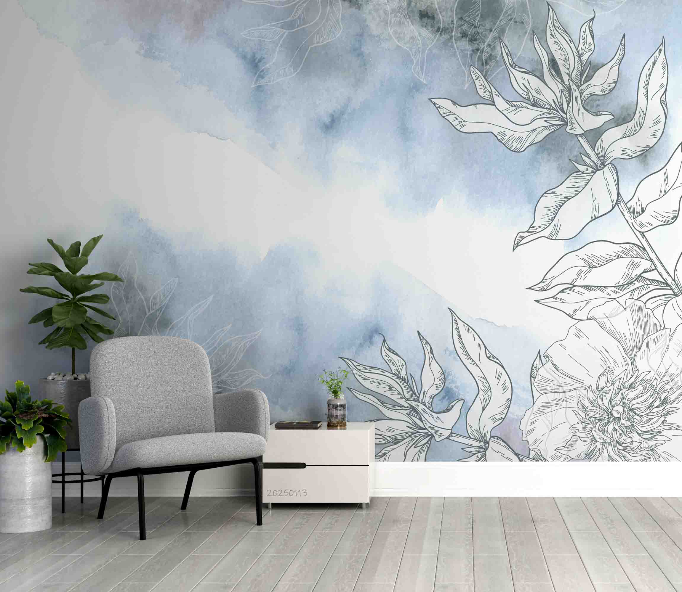 3D Watercolor Blue Floral Leaf Pattern Wallpaper Wall Mural Wall Decor Wall Art Wall Sticker Remoable Wallpaper LQH 7