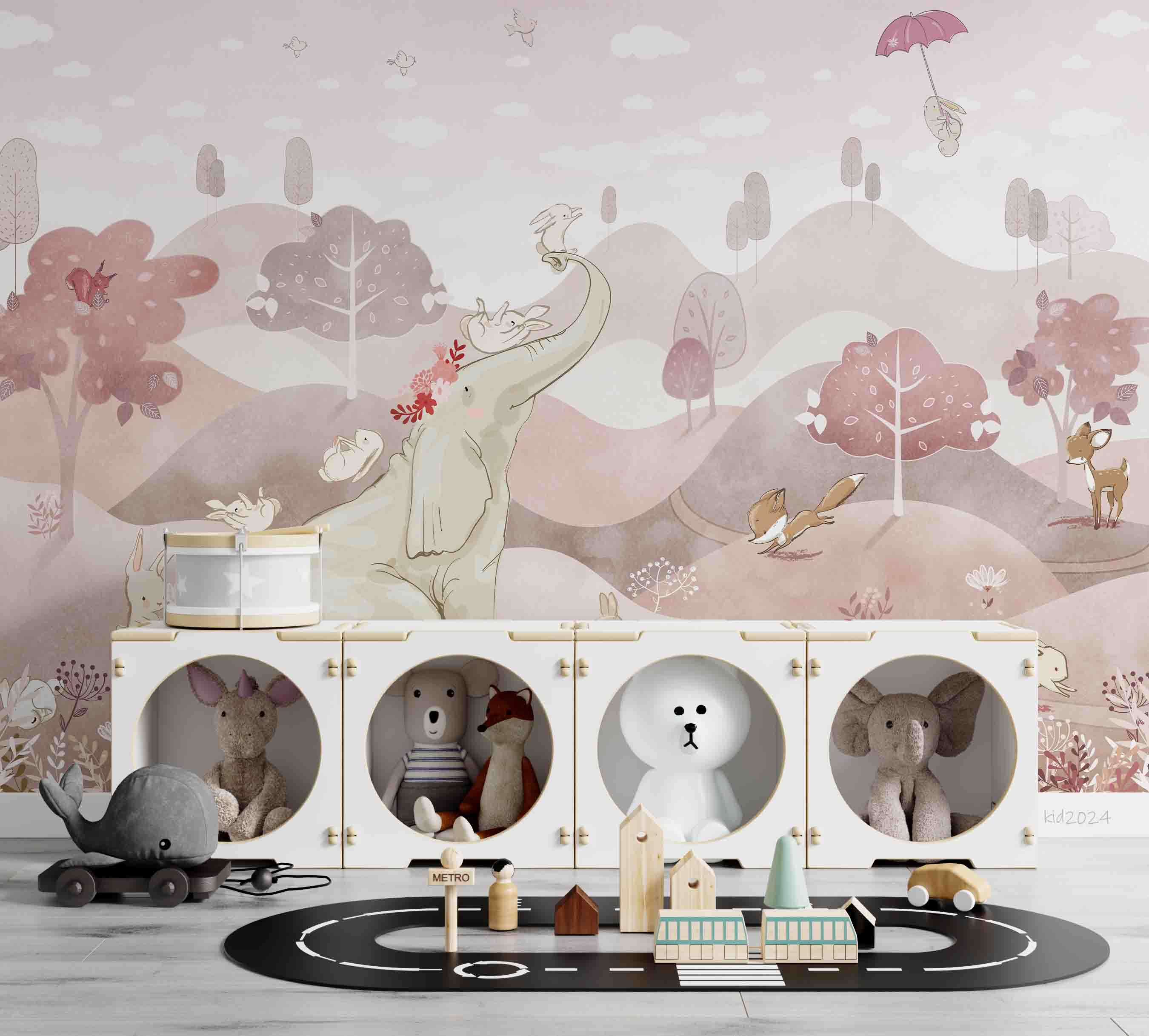 3D Tree Fox Elephant Rabbit Bird Umbrella Wall Mural Wallpaper YXL 392