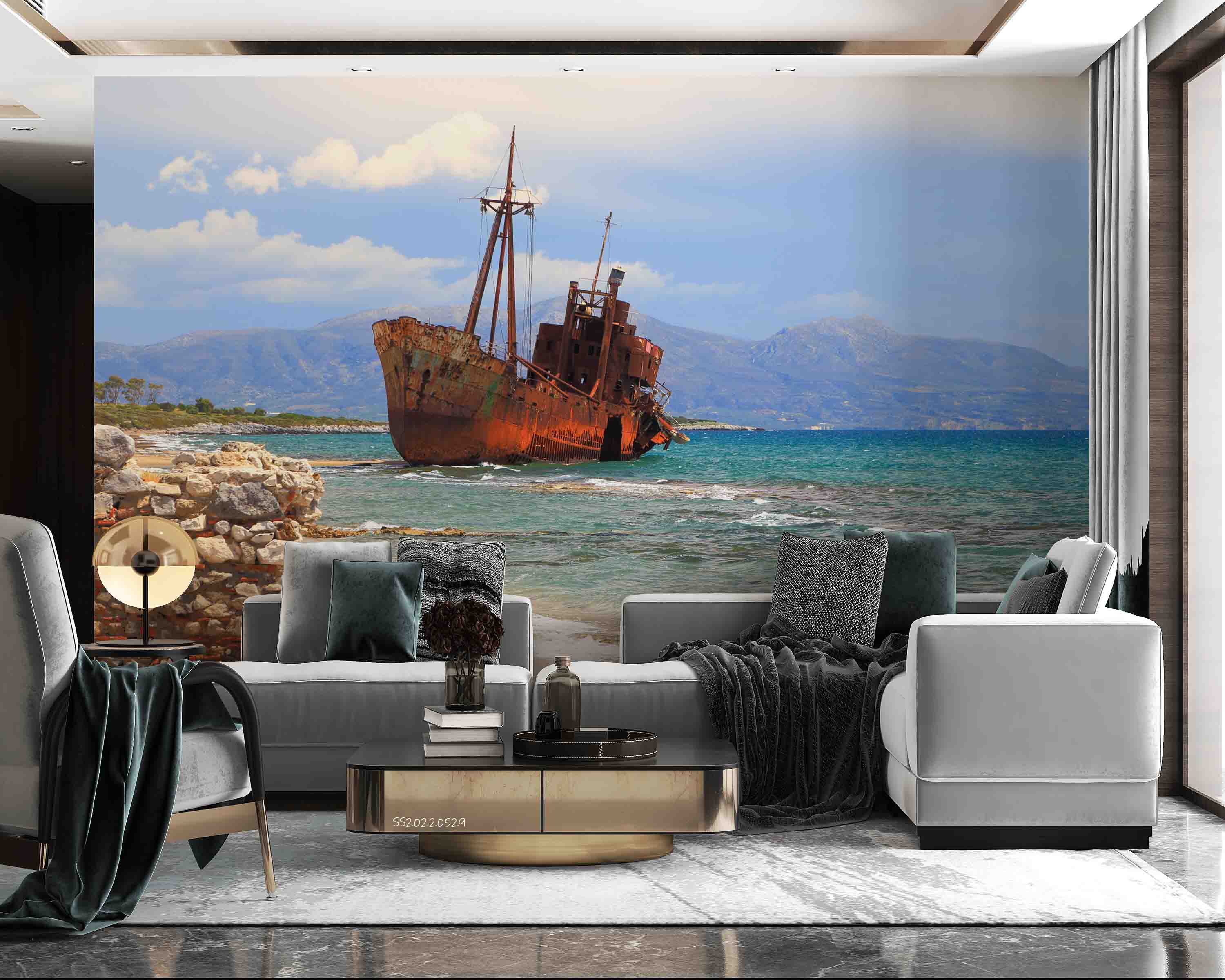 3D Selinitsa Beach Rusty Shipwreck Yungisio Greece Wall Mural Wallpaper GD 4328- Jess Art Decoration
