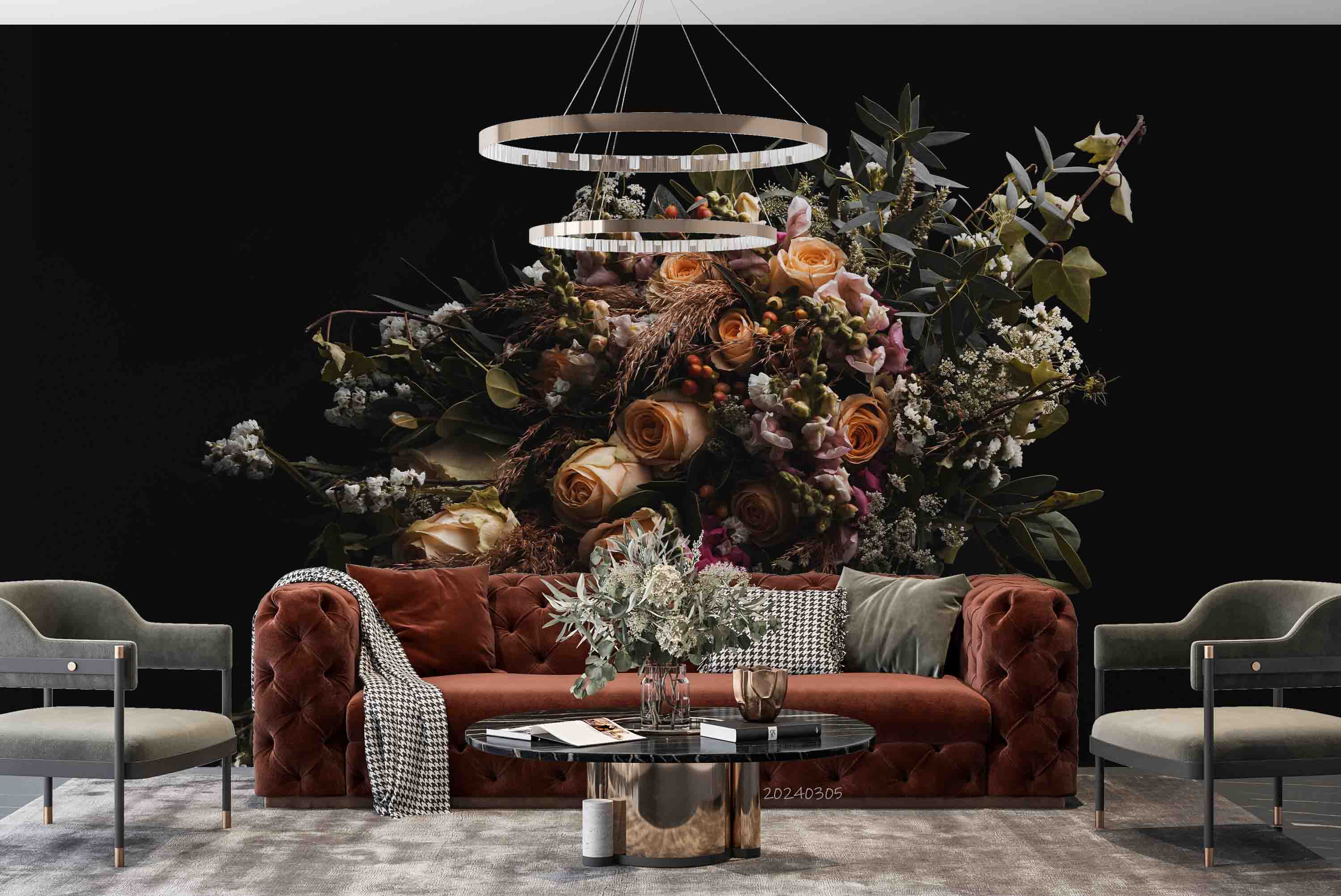 3D Floral Bouquet Dark Background Wallpaper Wall Mural Wall Decor Wall Art Wall Sticker Remoable Wallpaper