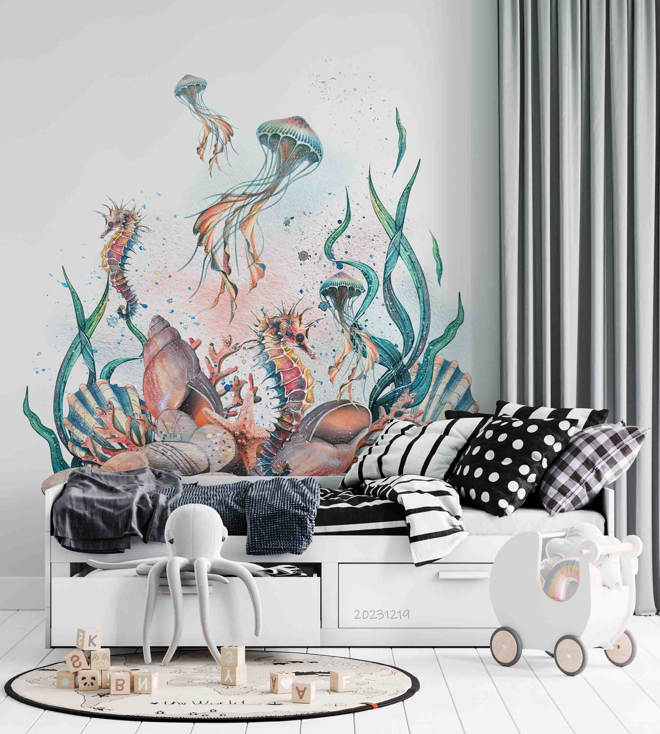 3D Animal Starfish Sea Horse Octopus Stone Wall Mural Wallpaper YXL 37