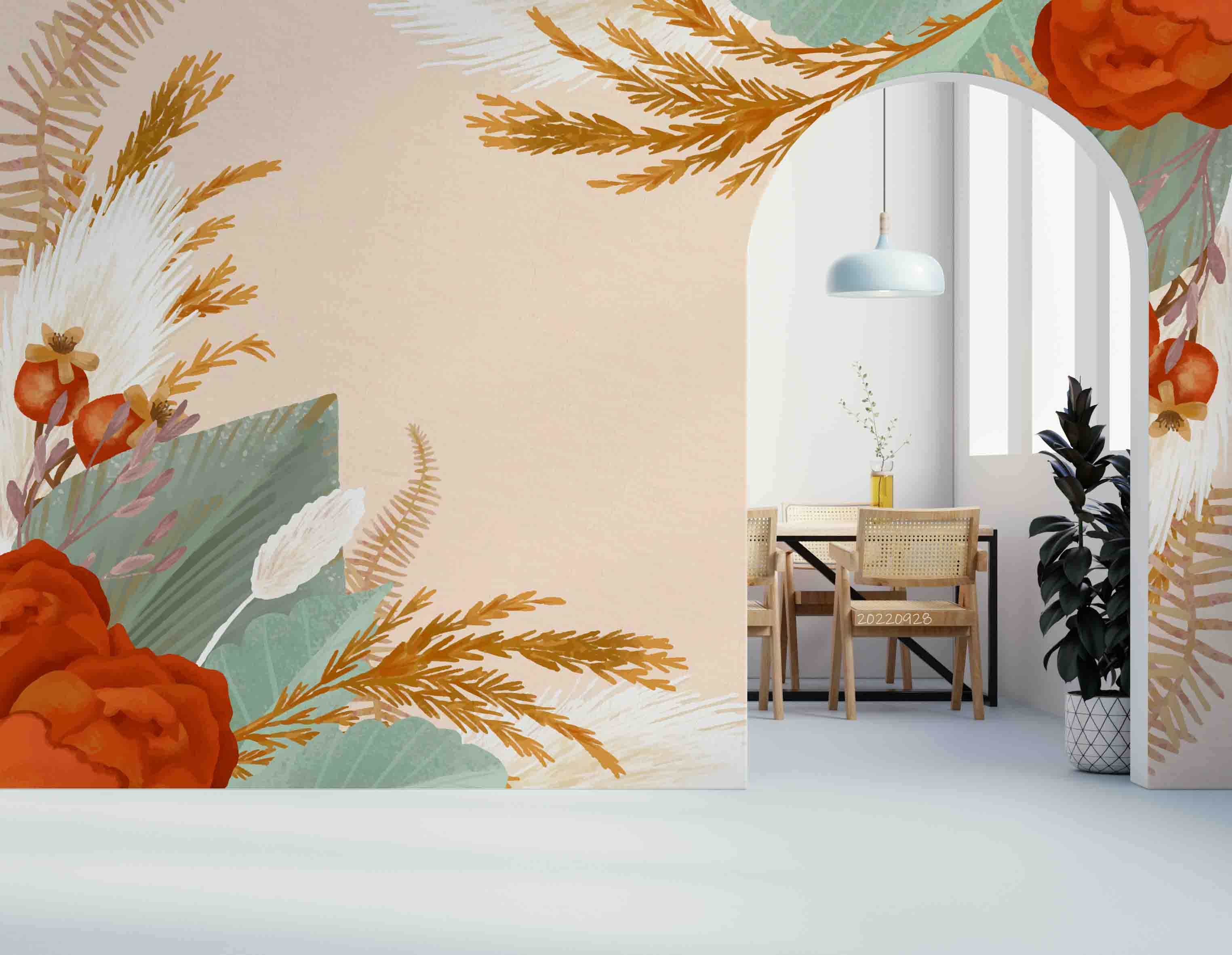3D Watercolor Boho Background Floral Leaves Wall Mural Wallpaper GD 3311- Jess Art Decoration
