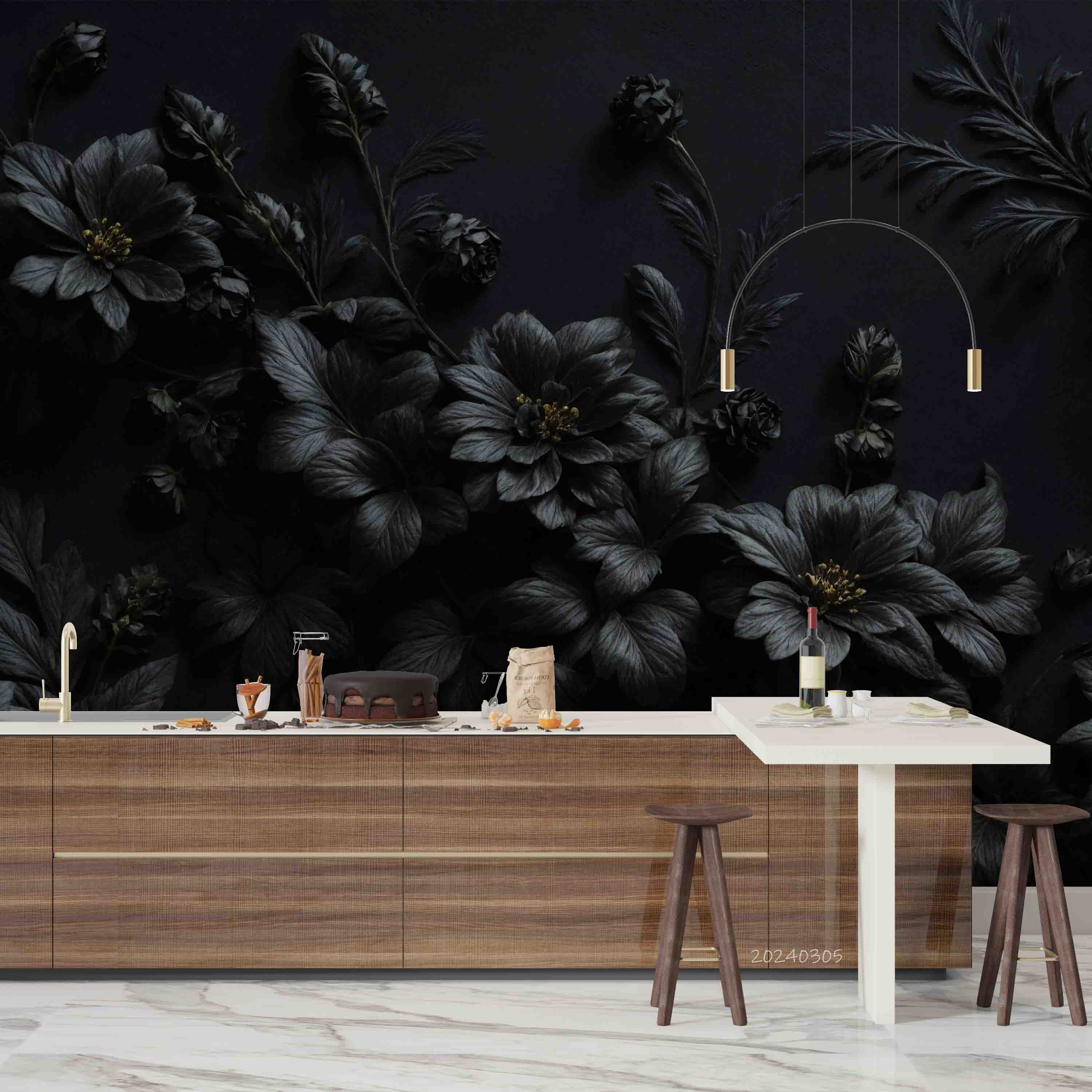3D Black Floral Leaves Bouquet Dark Background Wallpaper Wall Mural Wall Decor Wall Art Wall Sticker Remoable Wallpaper