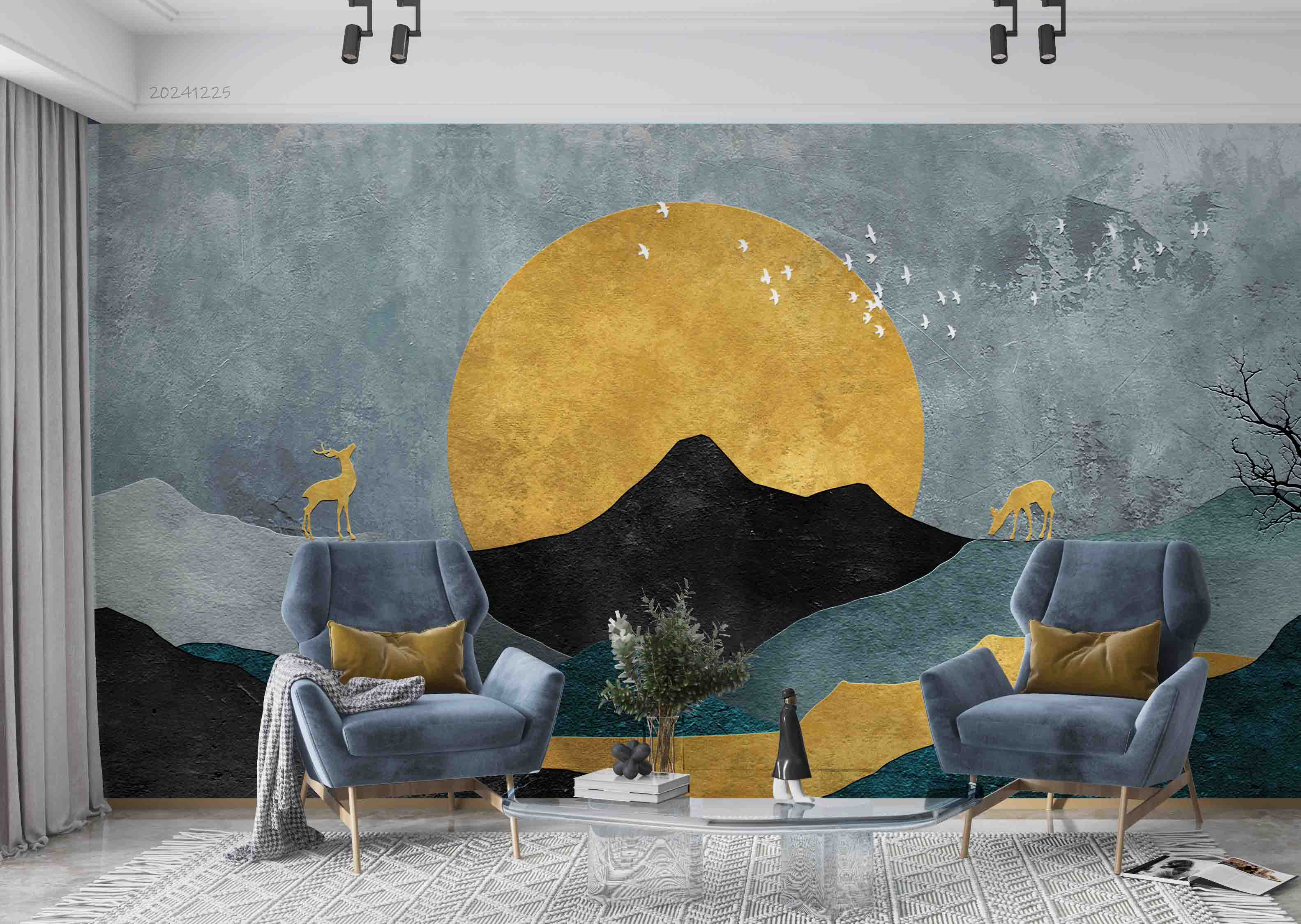3D Abstract Mountains Sunrise Deer Wallpaper Wall Mural Wall Decor Wall Art Wall Sticker Remoable Wallpaper LQH 52