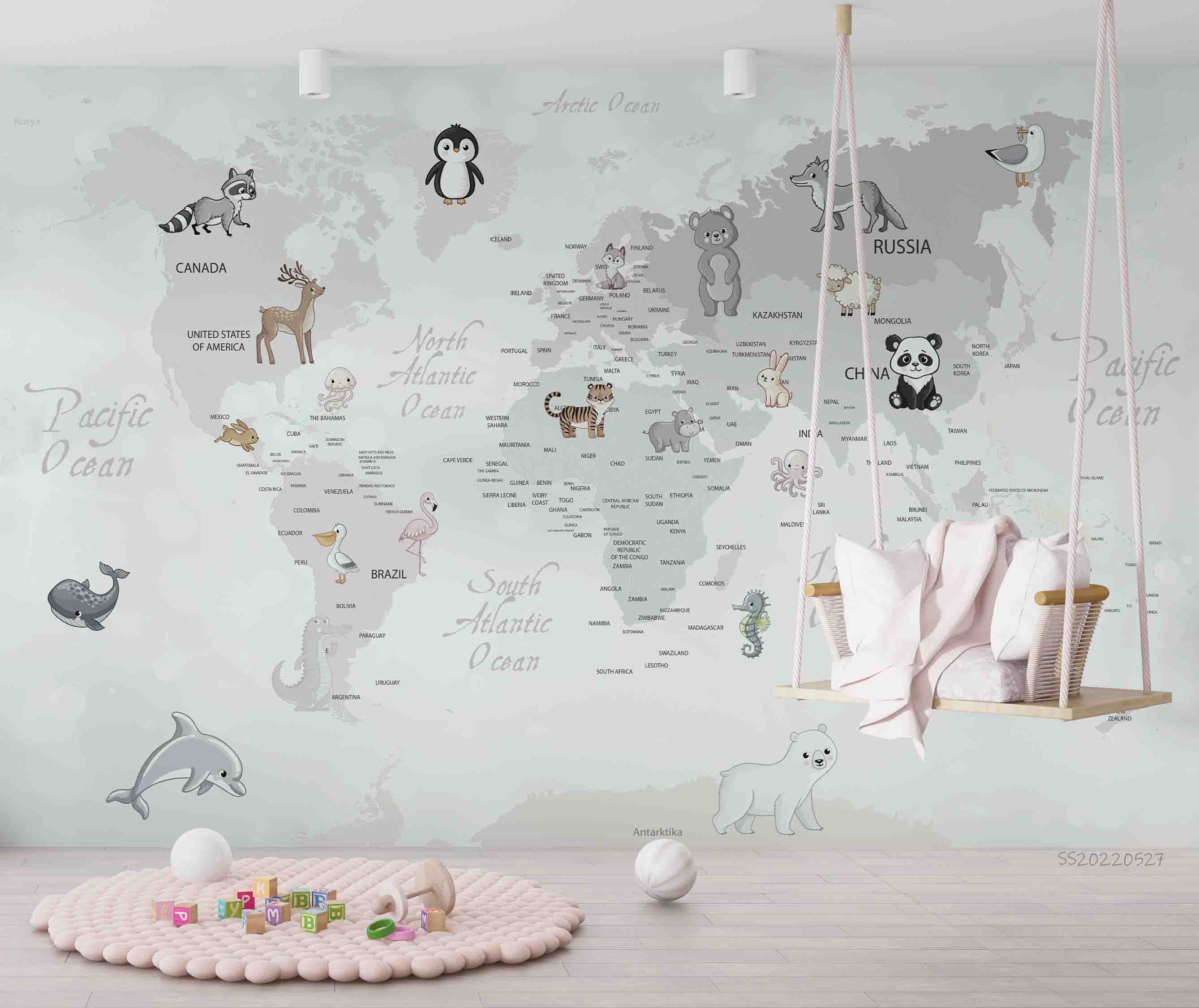 3D World Map Cartoon Animals Wall Mural Wallpaper GD 4197- Jess Art Decoration