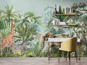 3D Animal Tree Parrot Elephant Giraffe Zebra Monkey Wall Mural Wallpaper YXL 2550
