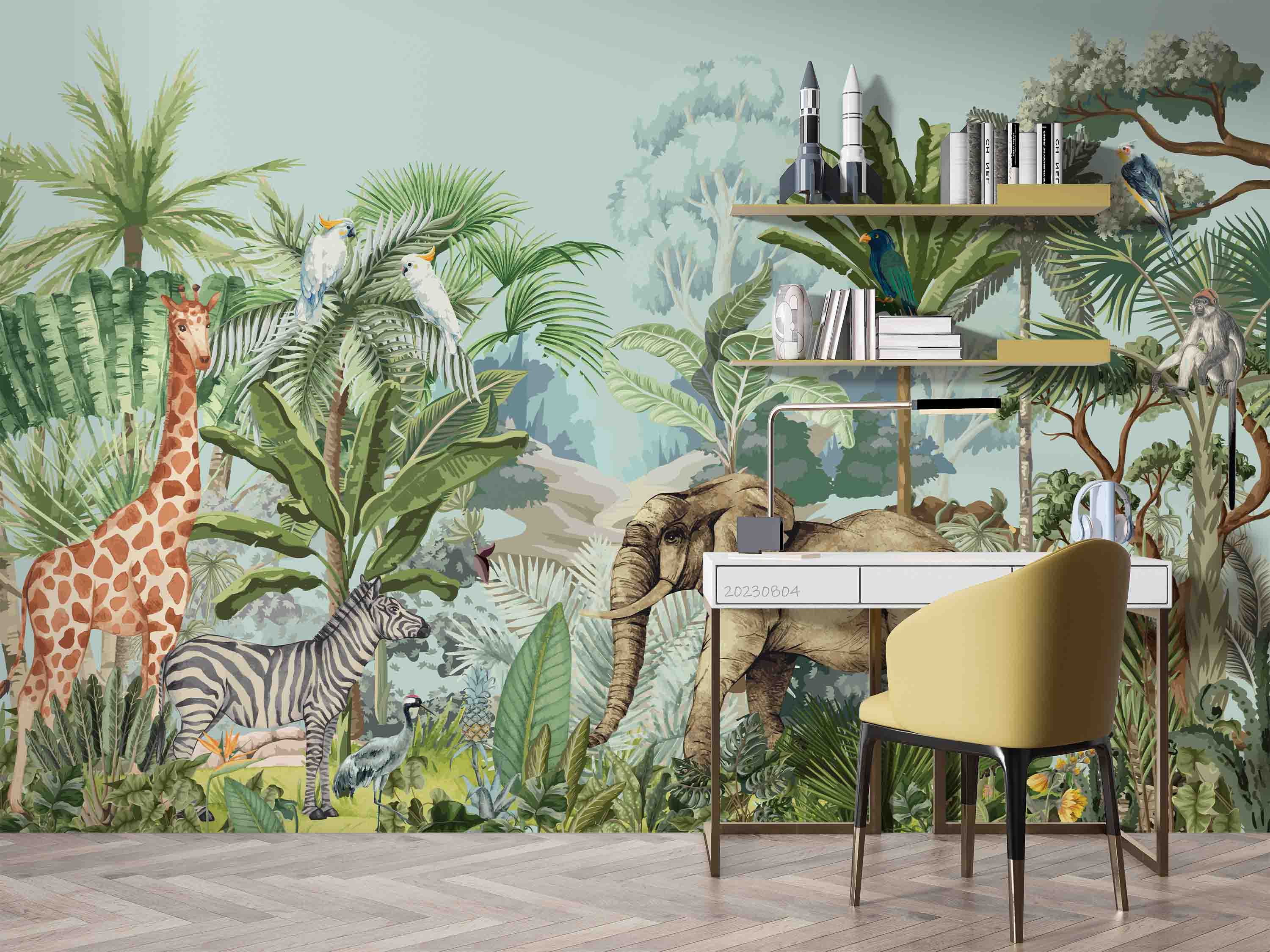 3D Animal Tree Parrot Elephant Giraffe Zebra Monkey Wall Mural Wallpaper YXL 2550