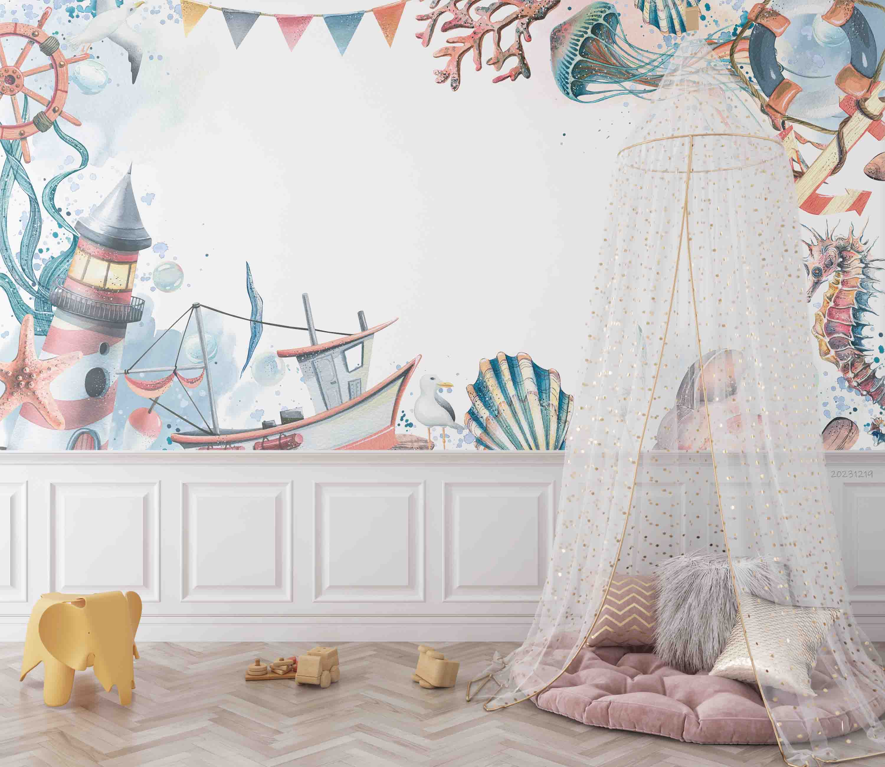 3D Animal Starfish Coral Sea Horse Octopus Sailing Tower Wall Mural Wallpaper YXL 19