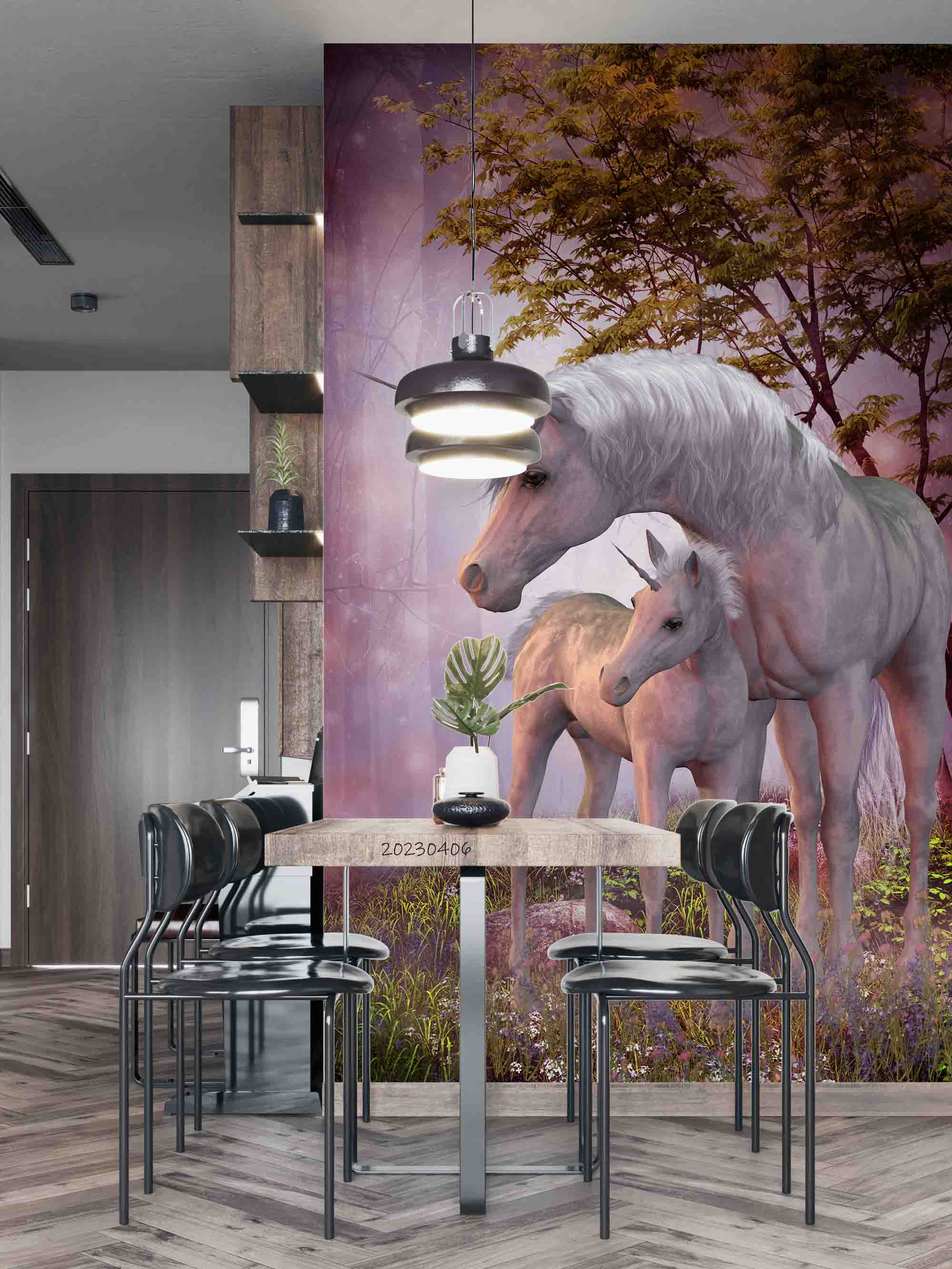 3D Unicorn Mare Foal Magic Forest Wall Mural Wallpaper GD 5658- Jess Art Decoration