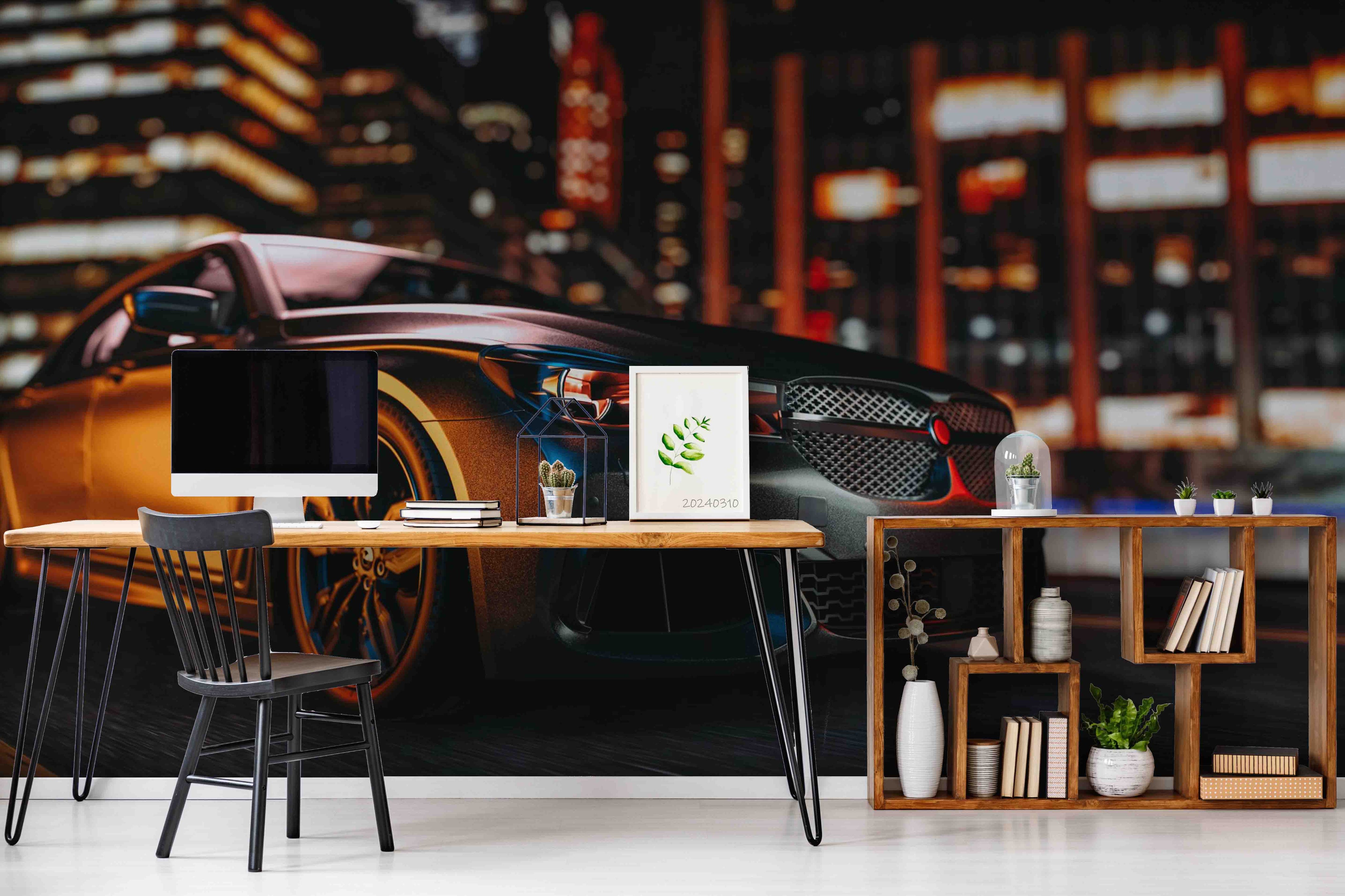 3D Brown Sports Car City Night Scene Wallpaper Wall Mural Wall Decor Wall Art Wall Sticker Remoable Wallpaper