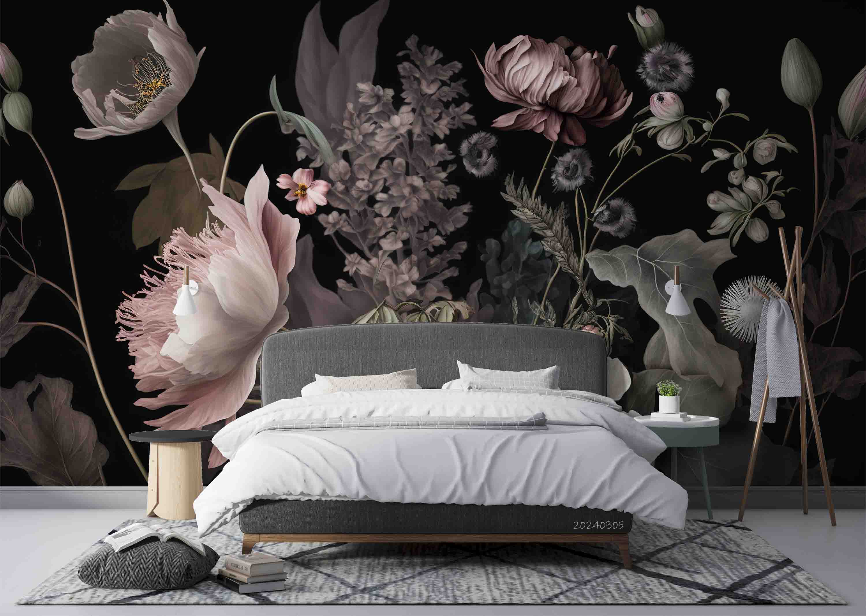 3D Pink Floral Leaves Bouquet Dark Background Wallpaper Wall Mural Wall Decor Wall Art Wall Sticker Remoable Wallpaper