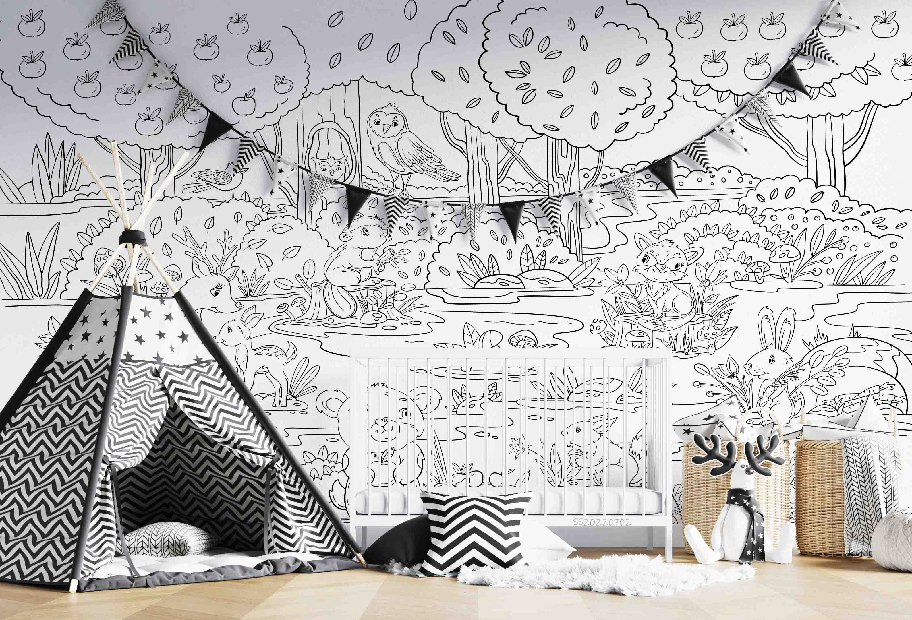 3D Doodle Cute Forest Animals Plants Trees Mushrooms Floral Wall Mural Wallpaper GD 5100- Jess Art Decoration
