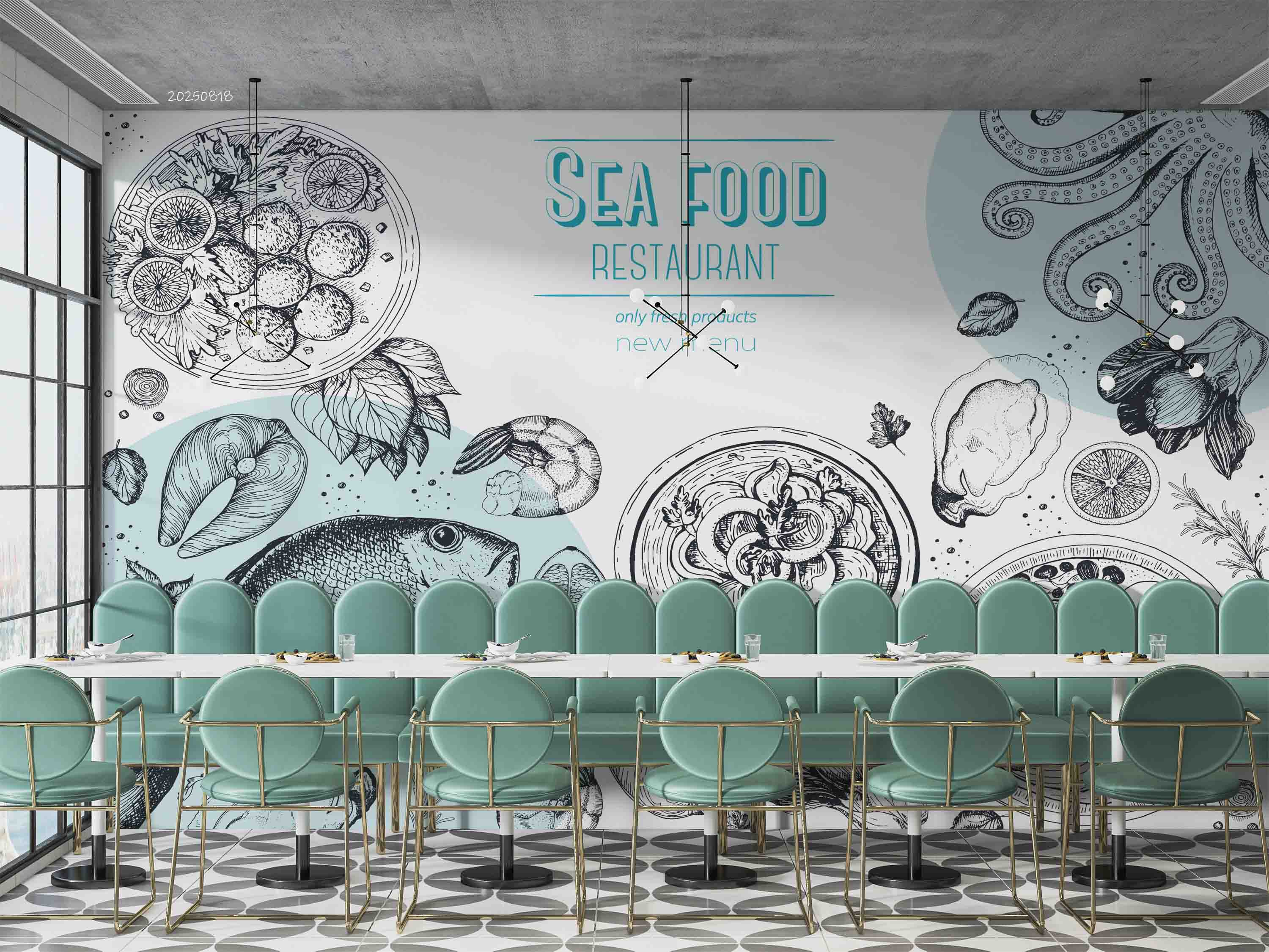 3D Restaurant Snack Bar Diner Fast Food Sea Food Wall Mural Wallpaper 55