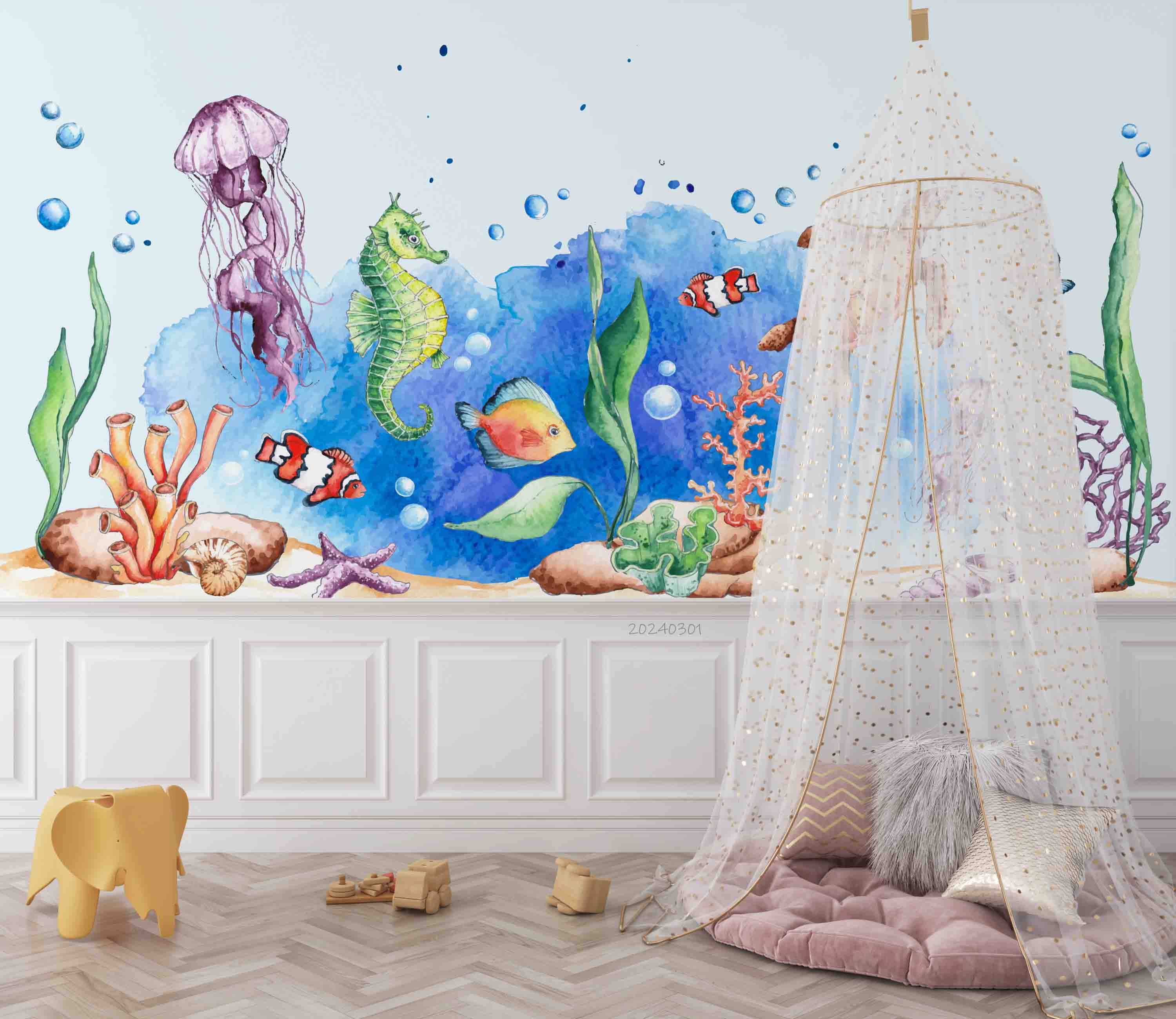 3D Cartoon Undersea World Sea Turtle Jellyfish Seaweed Kids Wallpaper Wall Mural Wall Decor Wall Art Wall Sticker Remoable Wallpaper