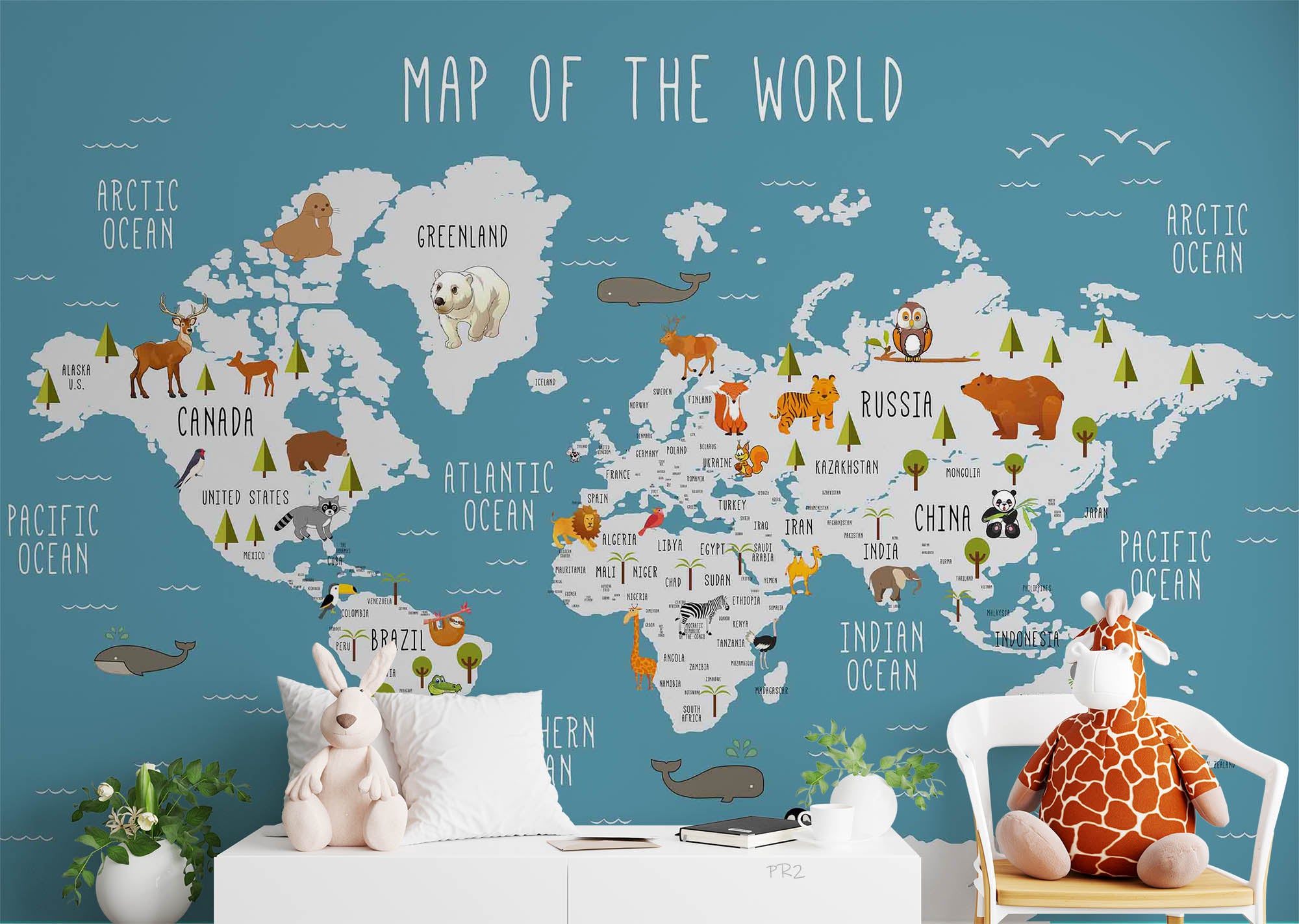 3D World Map Cartoon Animals Wall Mural Wallpaper GD 3764- Jess Art Decoration