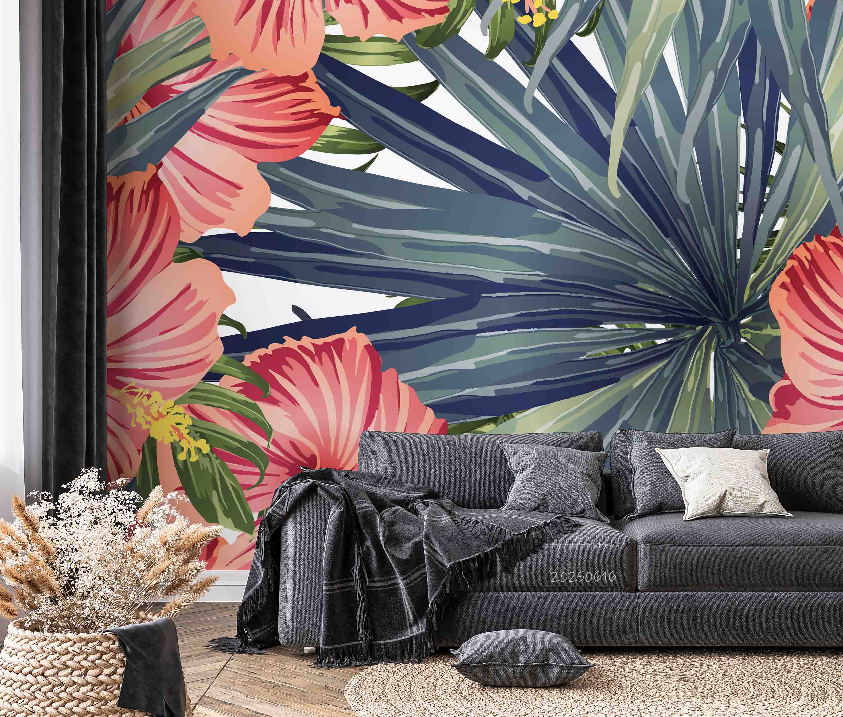 3D Tropical Pink Flowers Palm Leaves Wallpaper Wall Mural Wall Decor Wall Art Wall Sticker Remoable Wallpaper 25