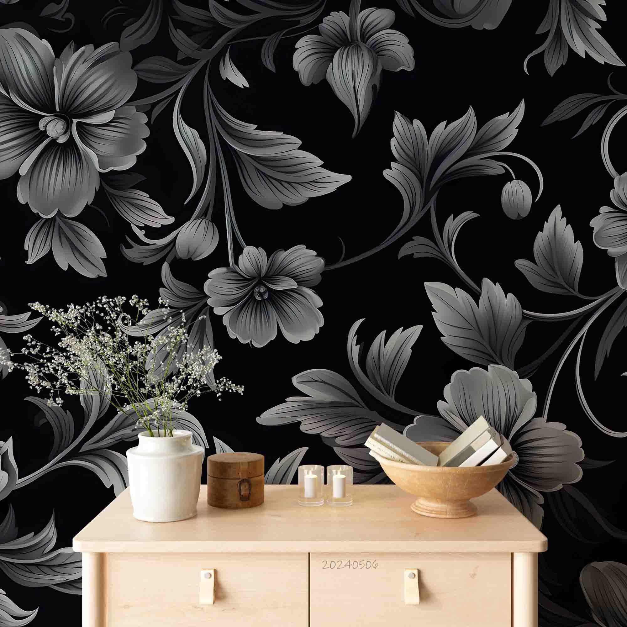 3D Black Floral Background Wallpaper Wall Mural Wall Decor Wall Art Wall Sticker Remoable Wallpaper