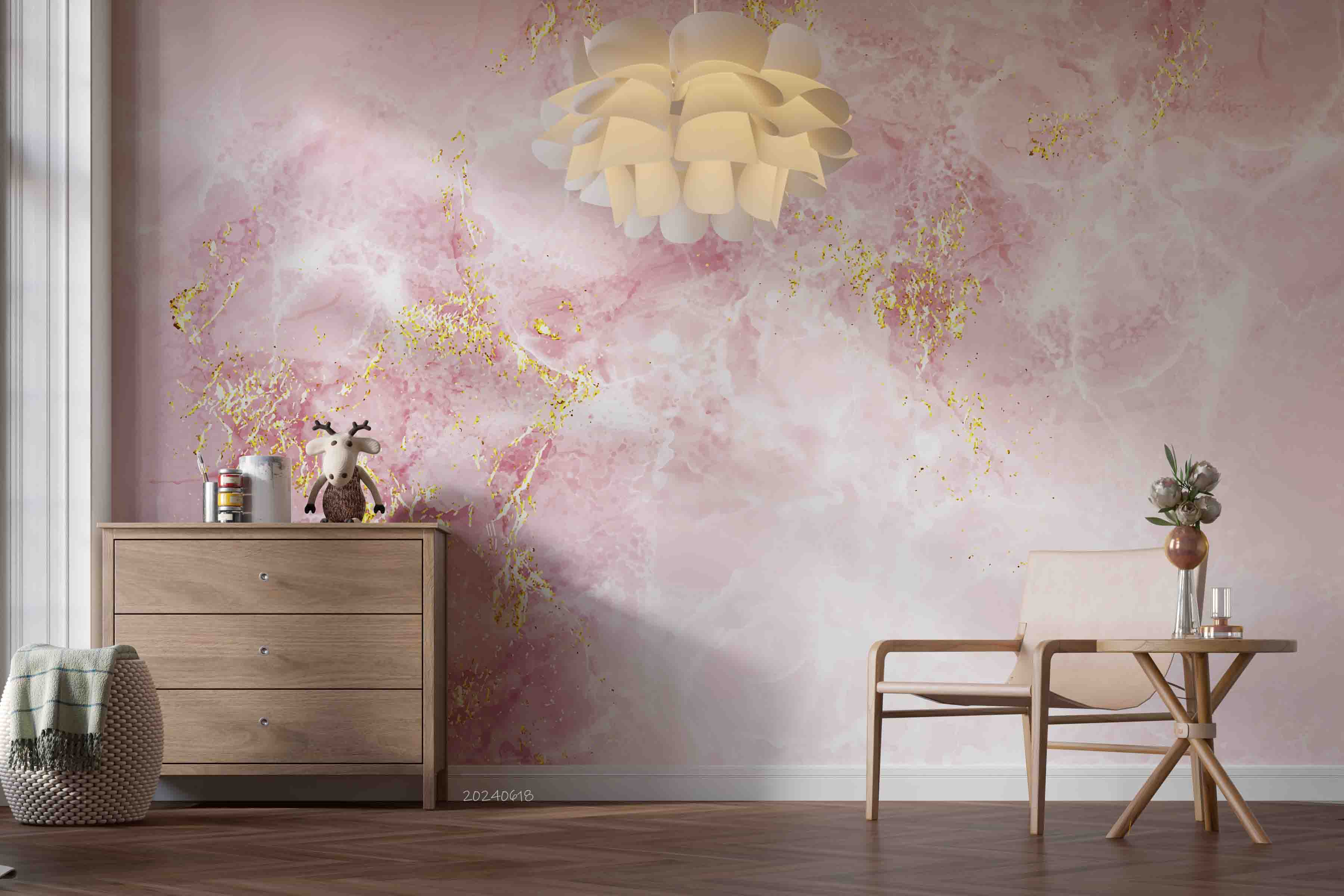 3D Abstract Damaskeen Wave Pink Gold Dust Wall Mural Wallpaper YXL 593