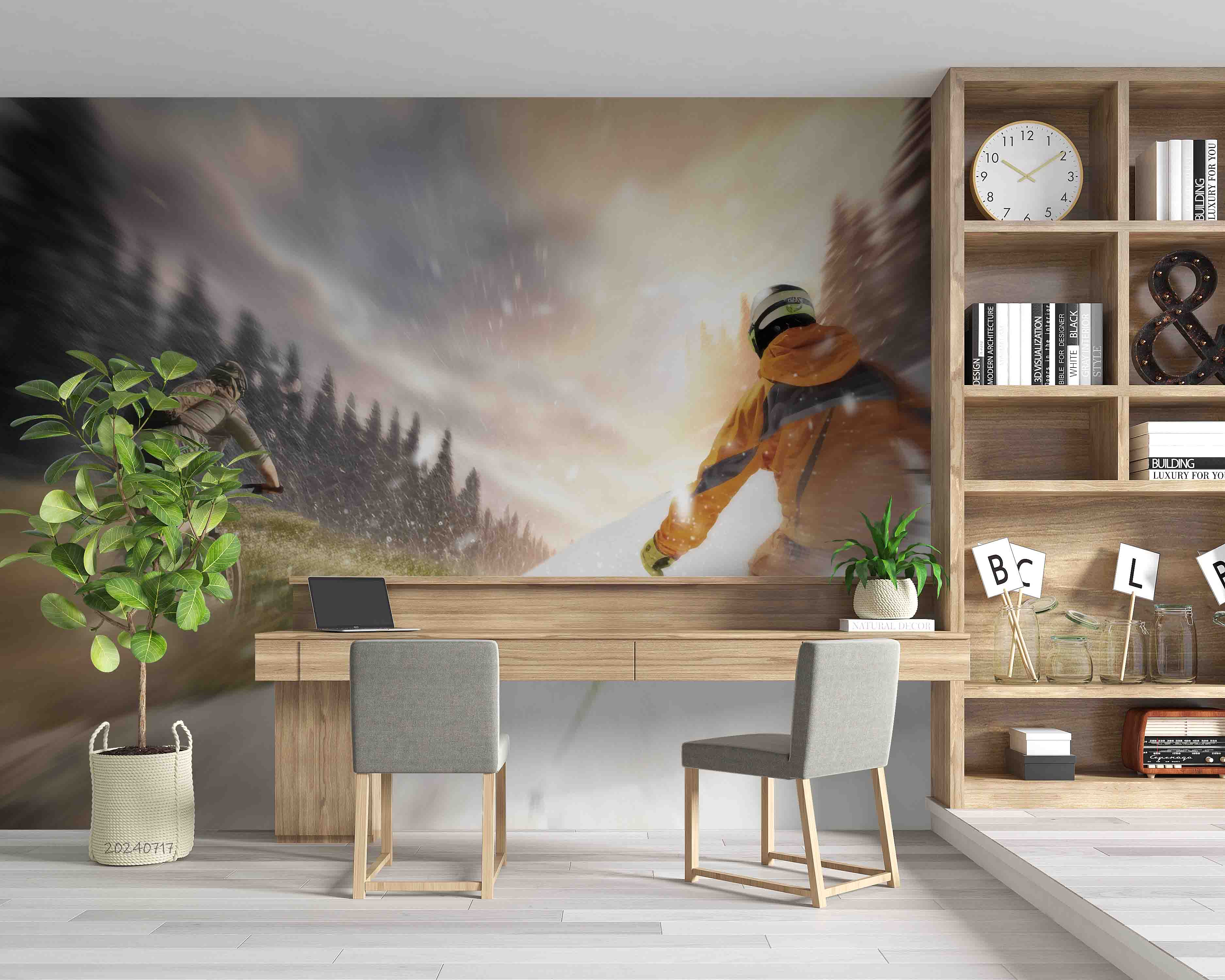 3D Tree Skiing Person Snow White Wall Mural Wallpaper YXL 90
